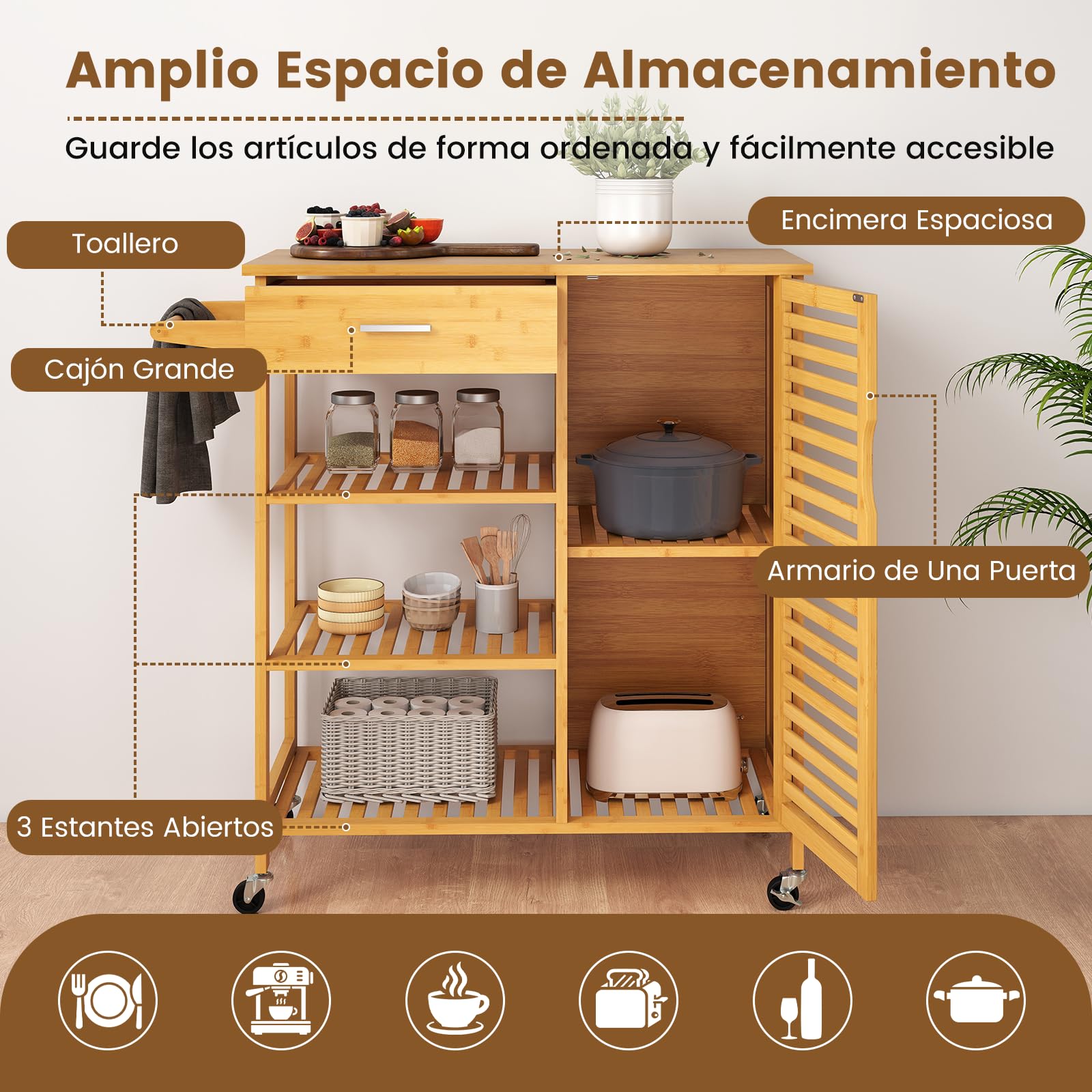 COSTWAY Carro de Cocina de Bambú, Carro de Servicio con Cajón y Puerta, Carro Rodante con 3 Estantes Abiertos y 4 Ruedas Universales, Mesa Móvil para Cocina y Comedor, 91 x 44 x 89 cm