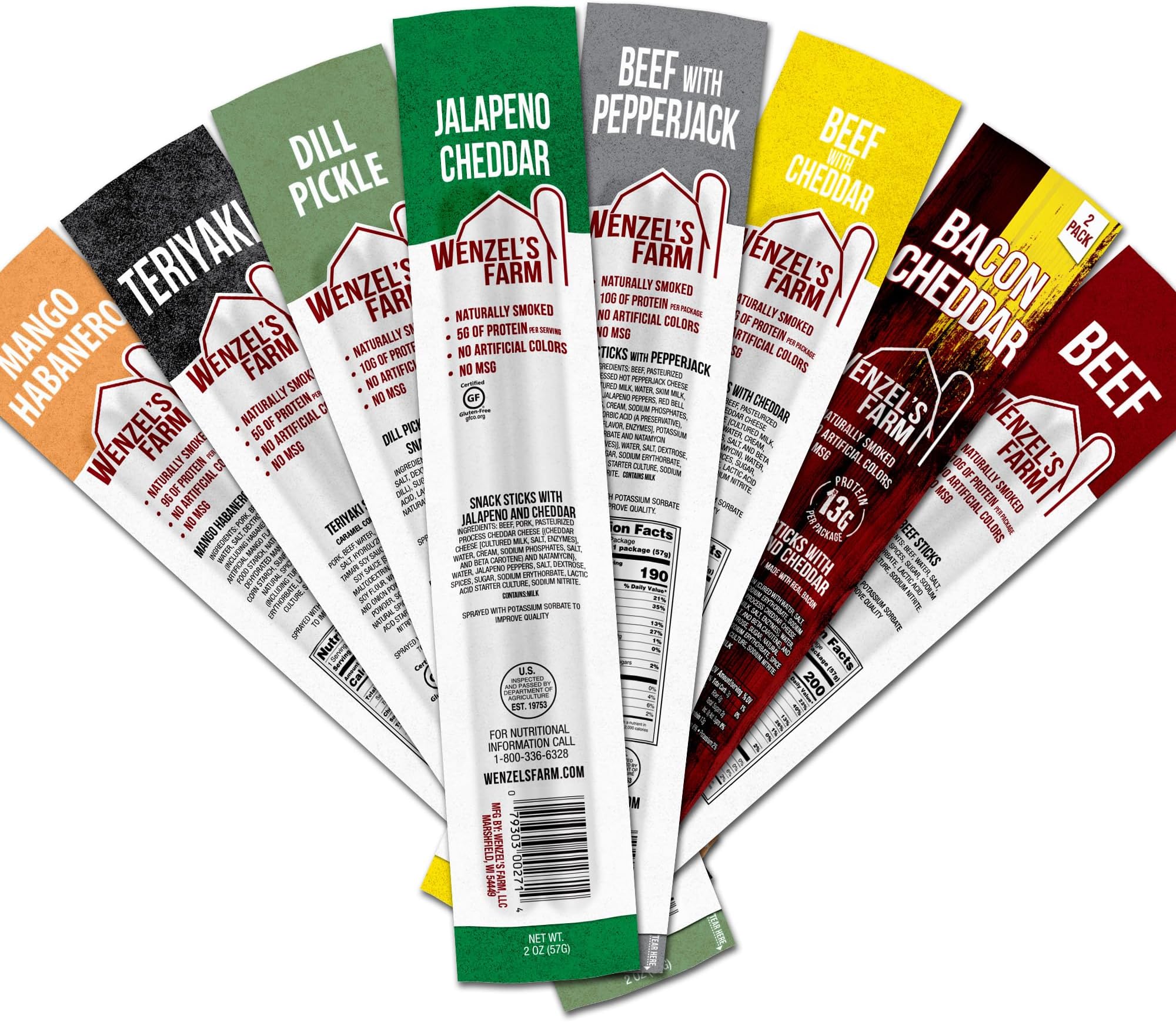 Wenzel’s Farm Variety Snack Sticks │Supports Active Lifestyles │ Flavorful, Natural Smoked │ High Protein, Low Carb │ No MSG, Fillers, Binders, Artificial Colors │ Gluten Free | 16 sticks (8 packs of 2) | New & Classic Variety
