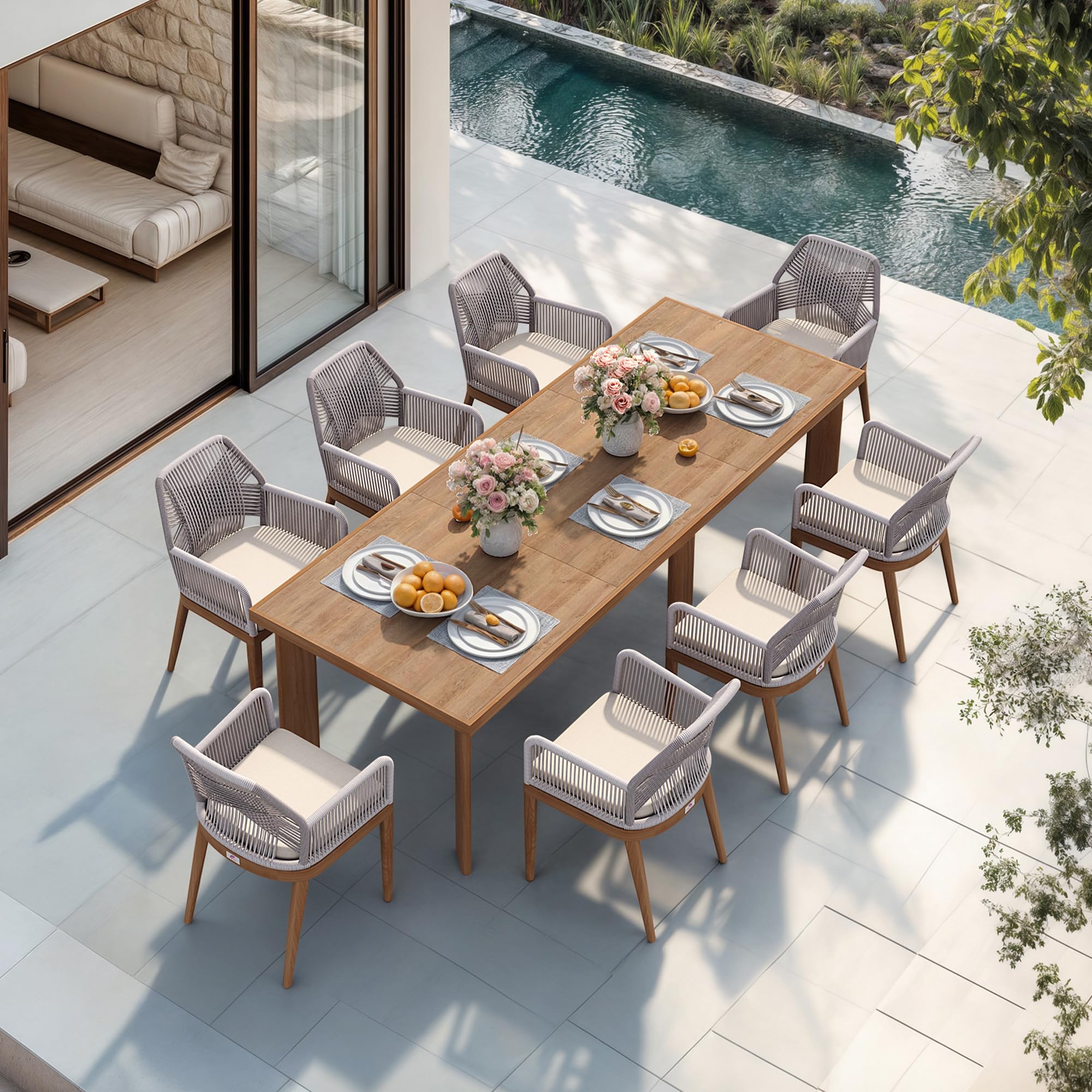 PURPLE LEAF 9 Pieces Patio Dining Set with Cushion and Wicker Arm Deep Teak