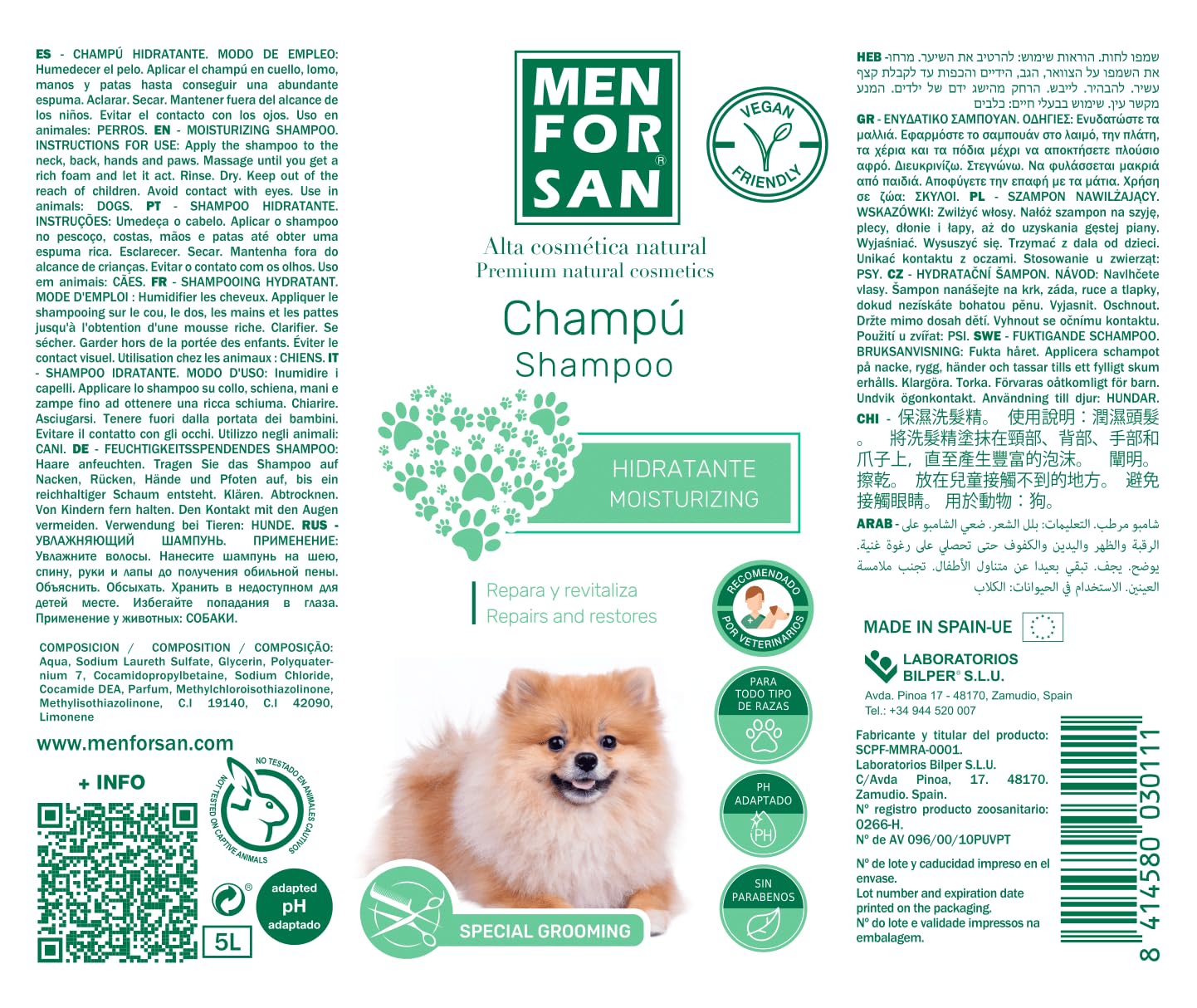 MENFORSAN Shampooing hydratant pour Chien | Hydrate intensément | Apporte de la Brillance | Revitalise et répare | Élimine Les Mauvaises odeurs | Pomme | 5 l