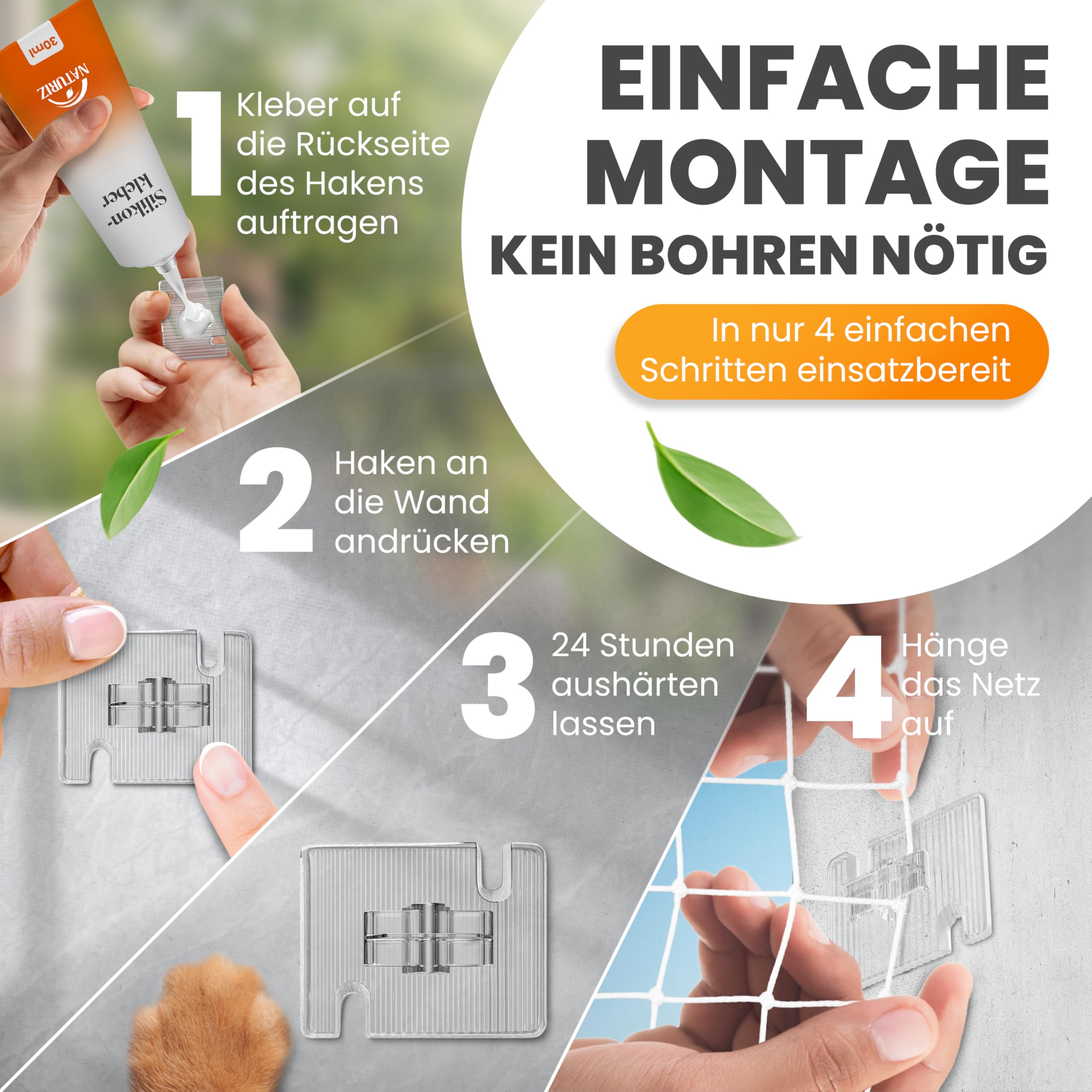Naturiz® Katzennetz für Balkon ohne Bohren 3x4m - Katzennetz drahtverstärkt transparent/weiß, Katzengitter inkl. Klebehaken – Katzenschutznetz für Balkon & Fenster, Balkonnetz für Katzen (3x4m)