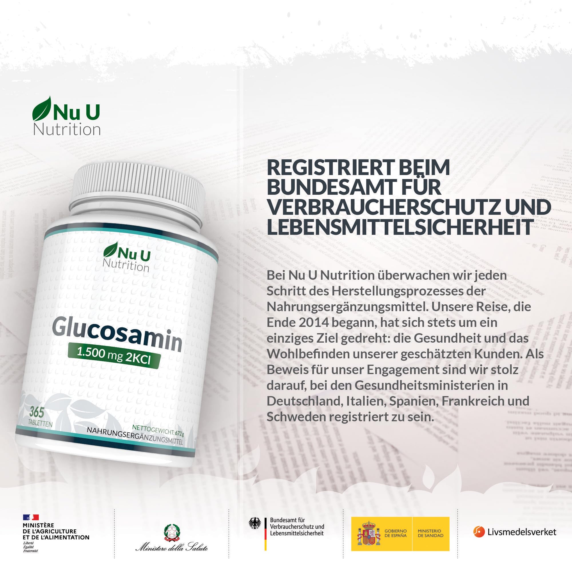 Glucosamin 1500mg 2KCI Hochdosiert - 365 Tabletten - 12 Monate Vorrat - Versorgung für ein Jahr - Nu U Nutrition