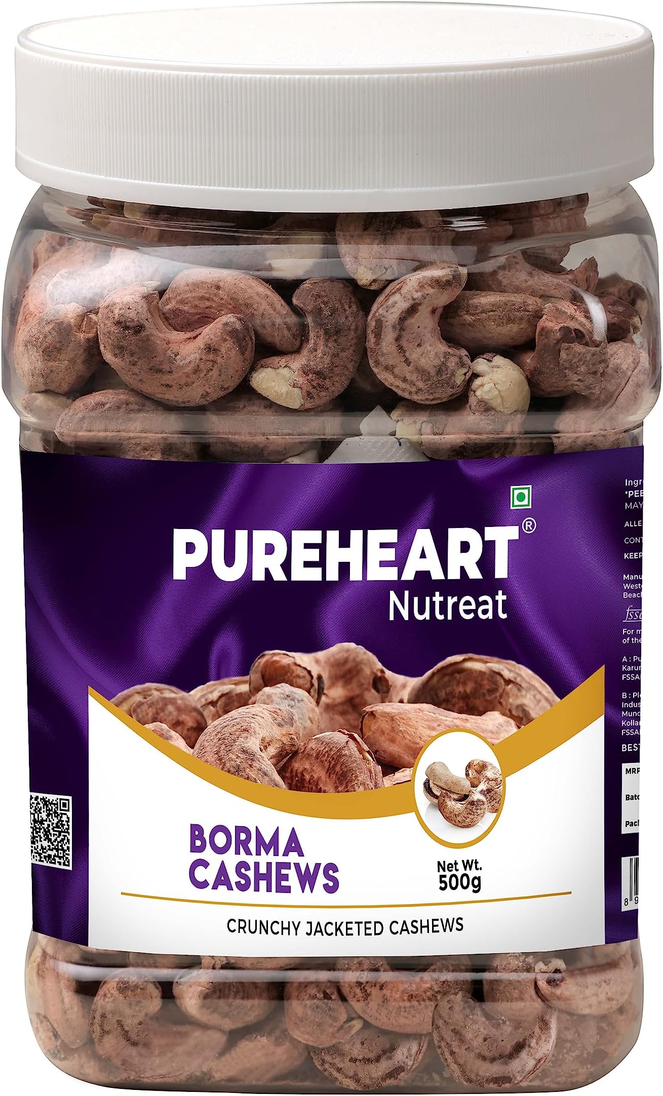 Pureheart Borma Cashews/Skin Unpeeled Cashews (500 gm) Natural Whole Kaju - Nutty Flavor Cashew Nuts with Skin