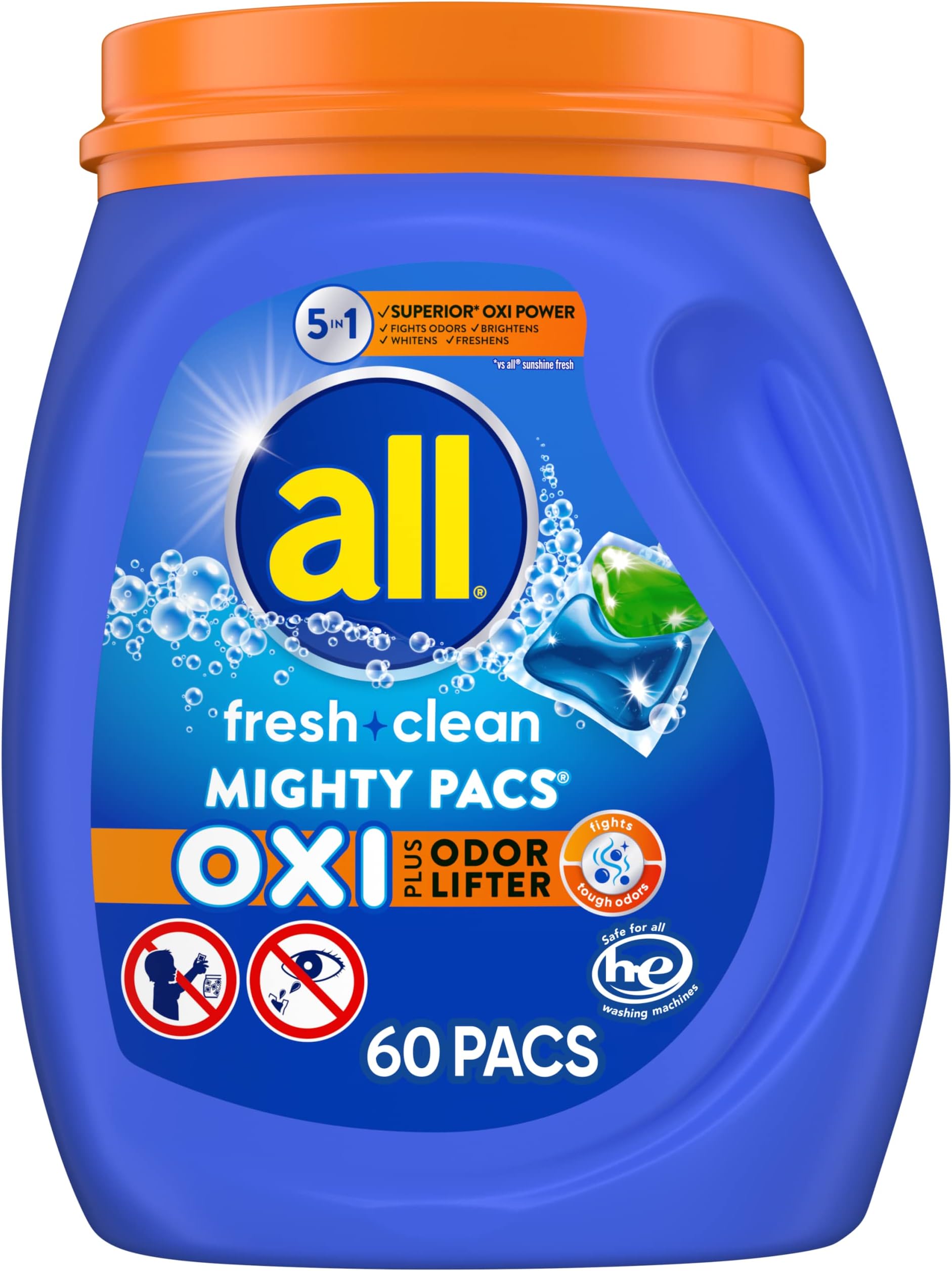 OXI Mighty Pacs Laundry Detergent, 4 in 1 with OXI Whiteners and Stain Removers, One Tub, 60 Count