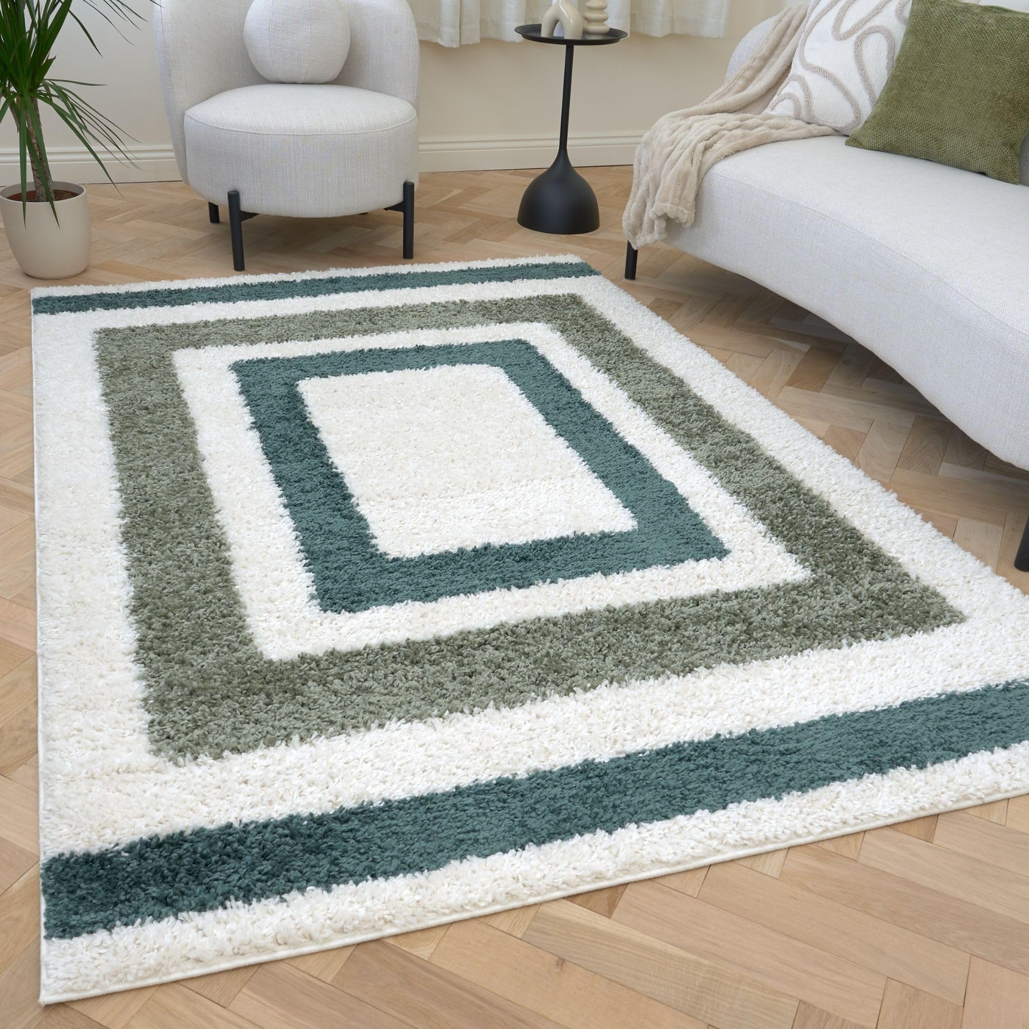 THE RUGS Moodi Border Design Shaggy Soft High Pile Living Room Rug & Runner in Green | Size: 200cm x 290cm