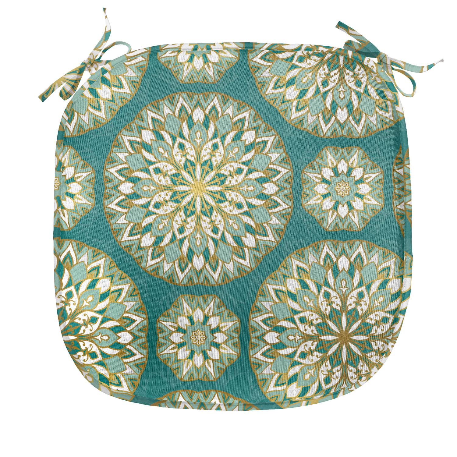 Lunarable Turquoise Chair Seating Cushion Set of 4, Round Pattern with Emerald Mandala Elements Eastern Oriental, Anti-slip Seat Padding for Kitchen & Patio, 16