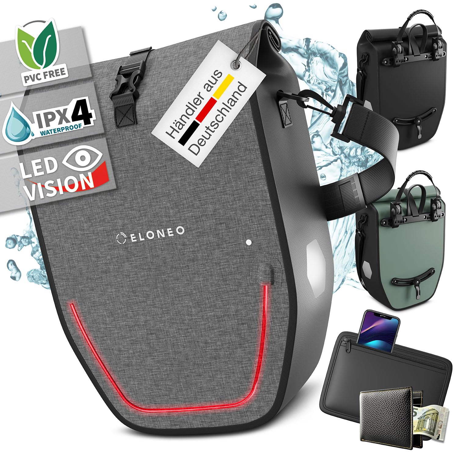 ELONEO Fahrradtasche für Gepäckträger mit LED Licht, 20L