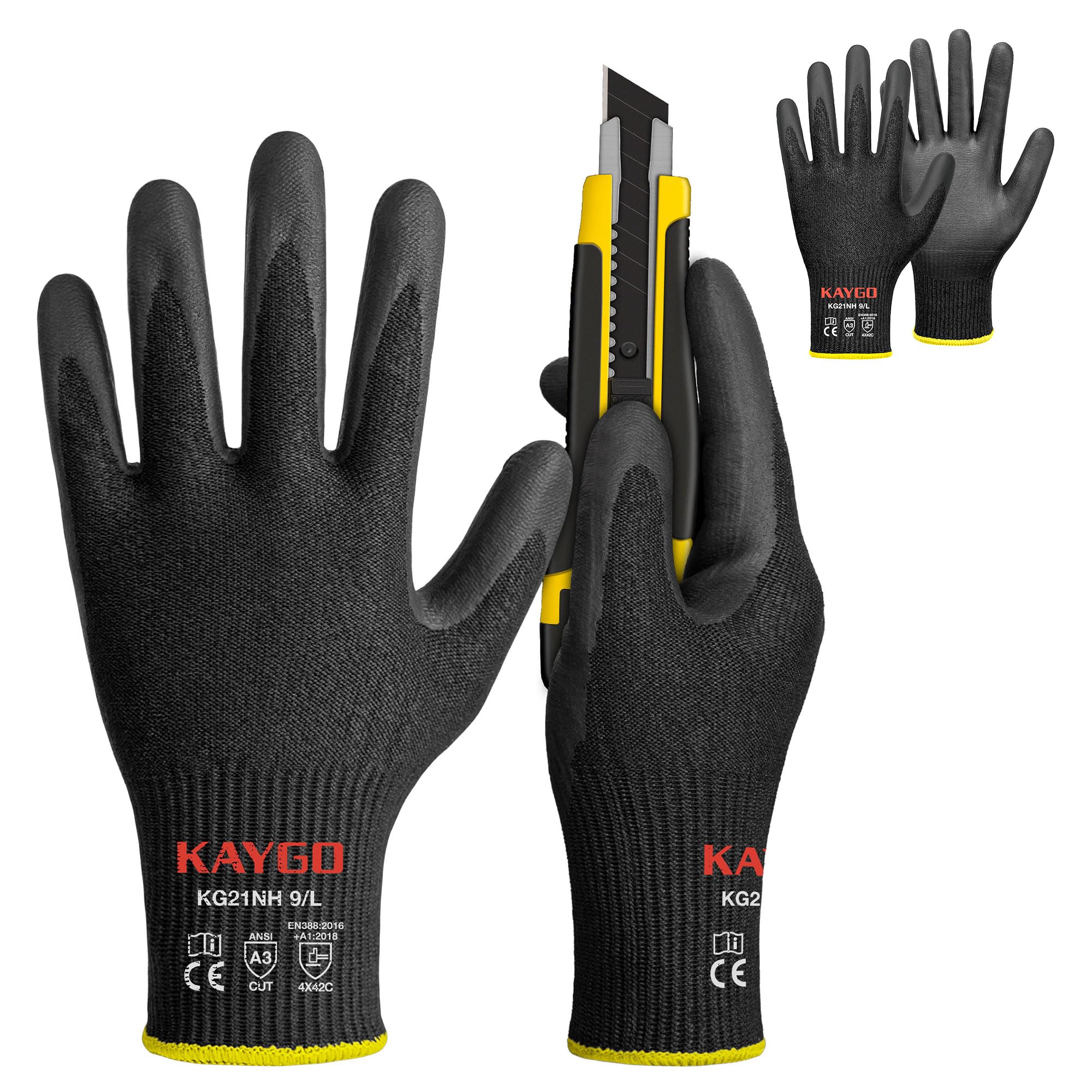 KAYGO A3 Cut Resistant Gloves - Nitrile Micro-Foam Coated, Puncture Proof Safety Gloves for Work, Gardening, and Construction with Enhanced Grip |