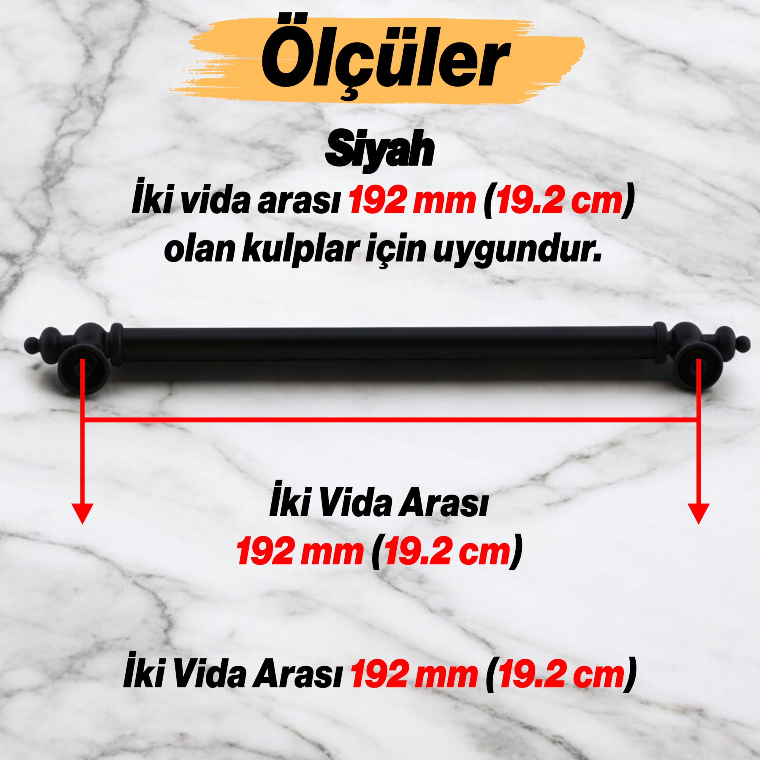 Osmanlı (192 mm - 19.2 cm) Mat Siyah Metal Mobilya Mutfak Çekmece Dolap Dolabı Kulbu Kulpu Kulpları