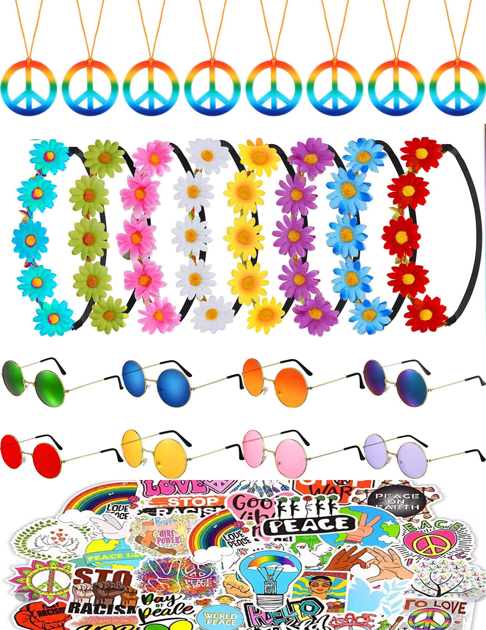 Amazleer Hippie Costume Accessories Peace Sign Necklaces Multicolor Daisy Flower Headbands Hippie Sunglasses Party Decorations Peace Stickers (70)