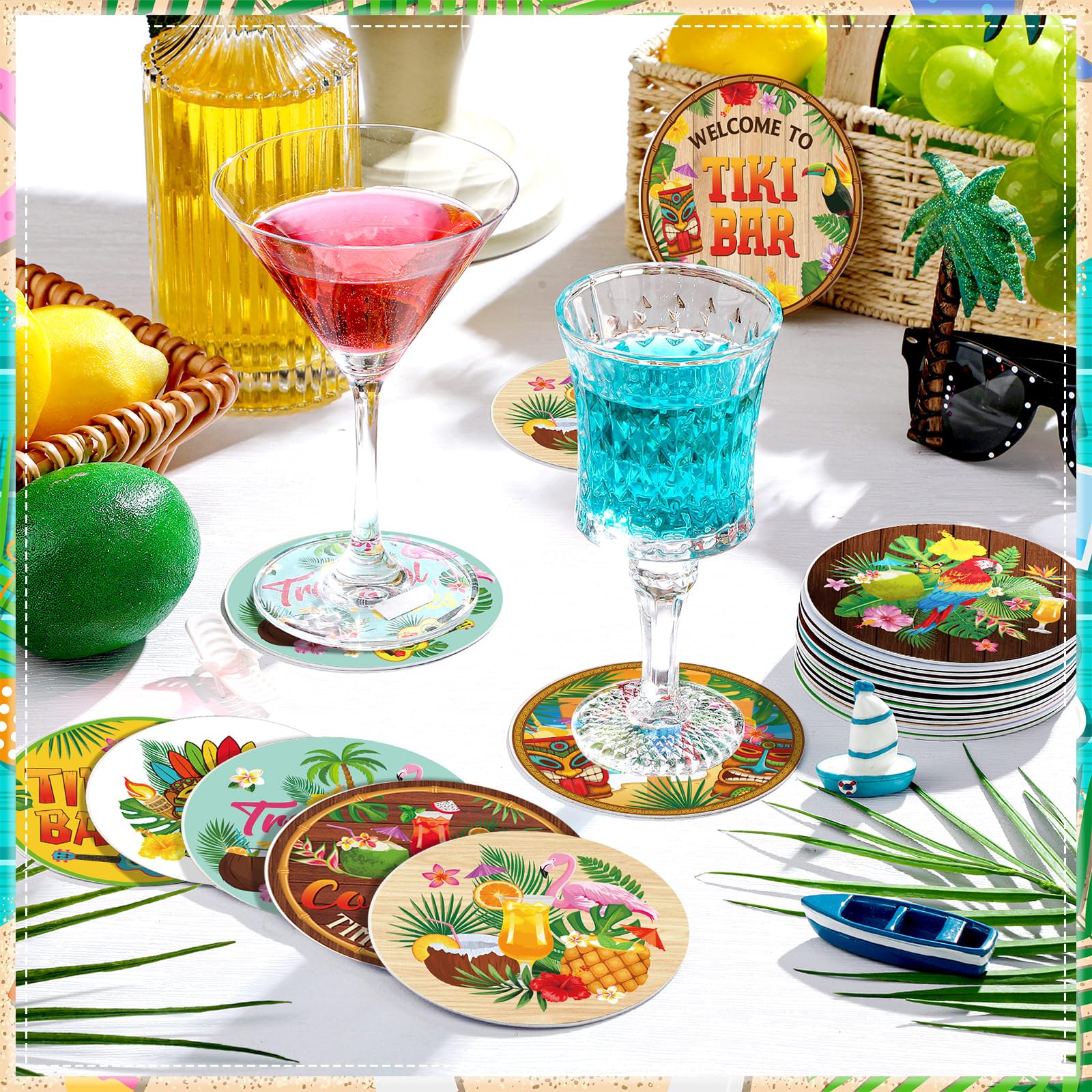Hushee Tiki Bar-Untersetzer – 24 Stück, 10x10 Cm, Saugfähiges Papier, Bunte Tropische Motive, Für Party & Dekoration