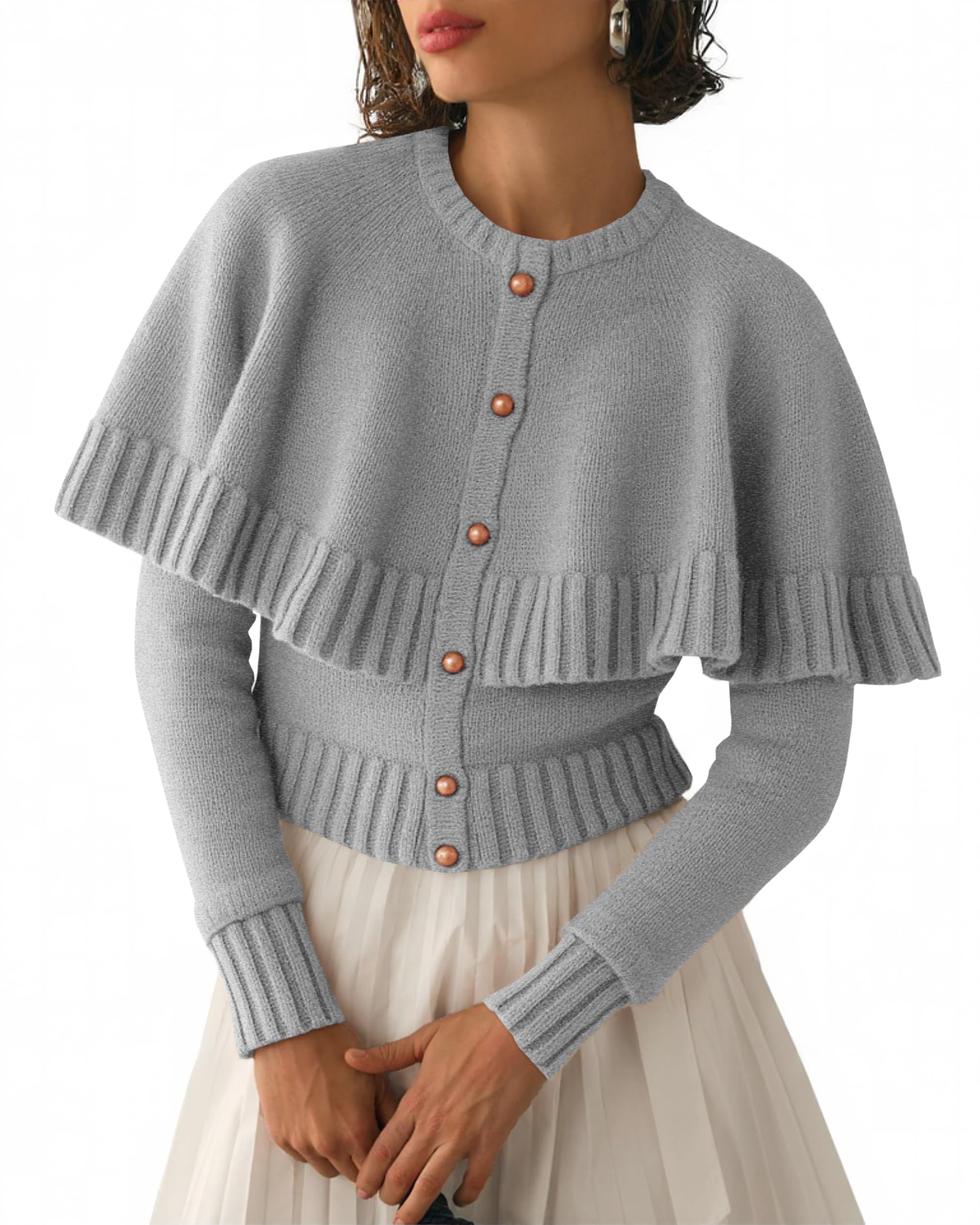 Saodimallsu Womens Cropped Cardigan Sweater Long Sleeve Fall Knit Cape Sweaters Button Up Trendy Outfits 2025