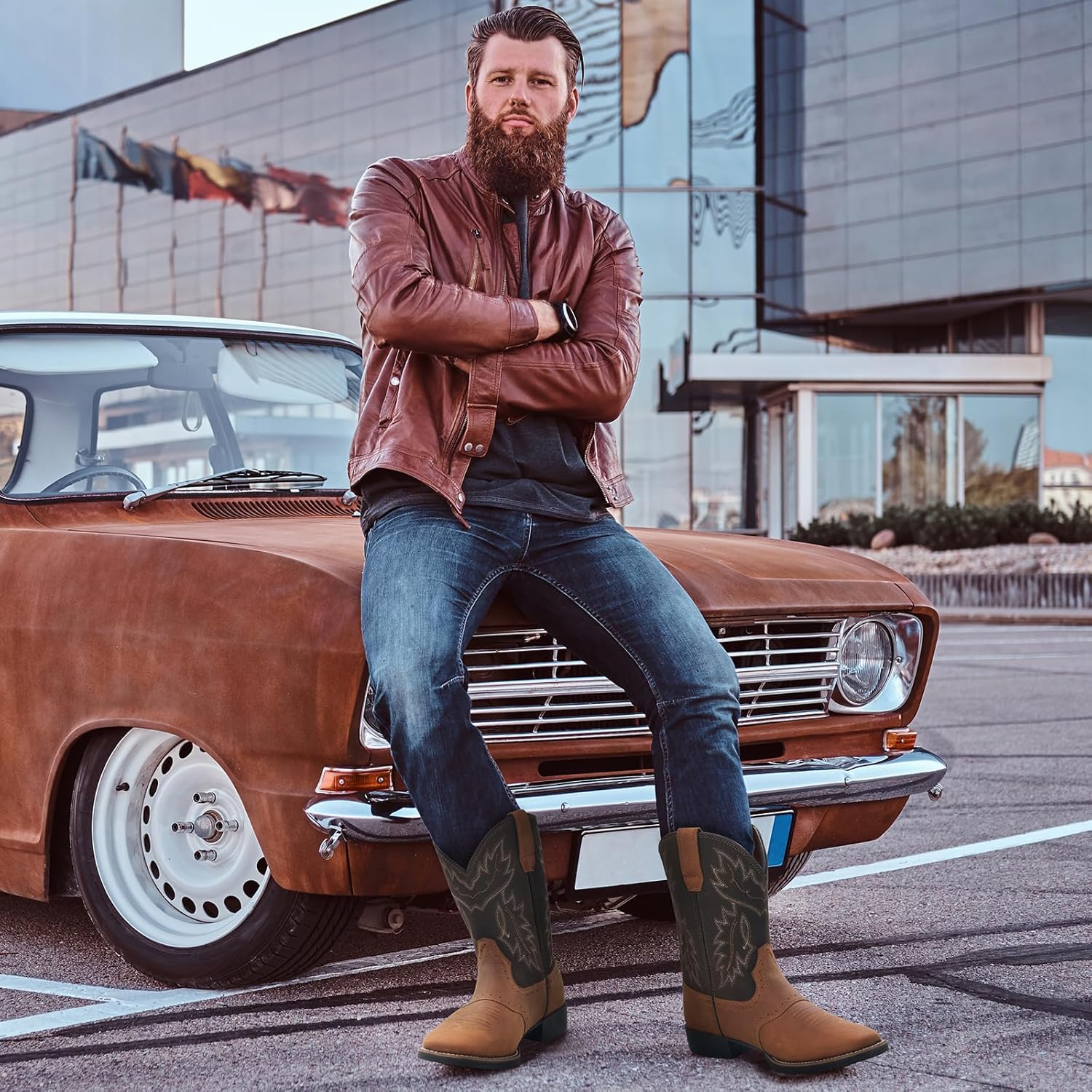 Rollda Leather Cowboy Boots for Men Western Boots Square Toe Chunky Heel Mid-Calf Boots Classic Embroidered with Pull On Tabs - Image 3