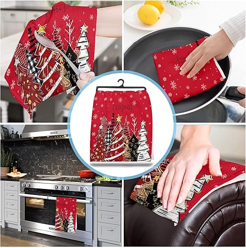 Miniatura 4 de Image Duvet 2 Pack Cotton Kitchen Dish Cloths Towels, Red Xmas Tree Star Plaid Striped Polka Dots Christmas 18 x28 Inch Soft Absorbent Kitchen