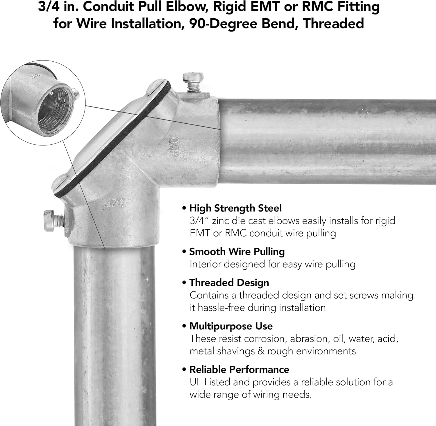 Maxxima 3/4 in. Conduit Pull Elbow, Rigid EMT or RMC Fitting for Wire Installation, Right Angle 90-Degree Bend, Threaded, Zinc Die Cast (6 Pack)