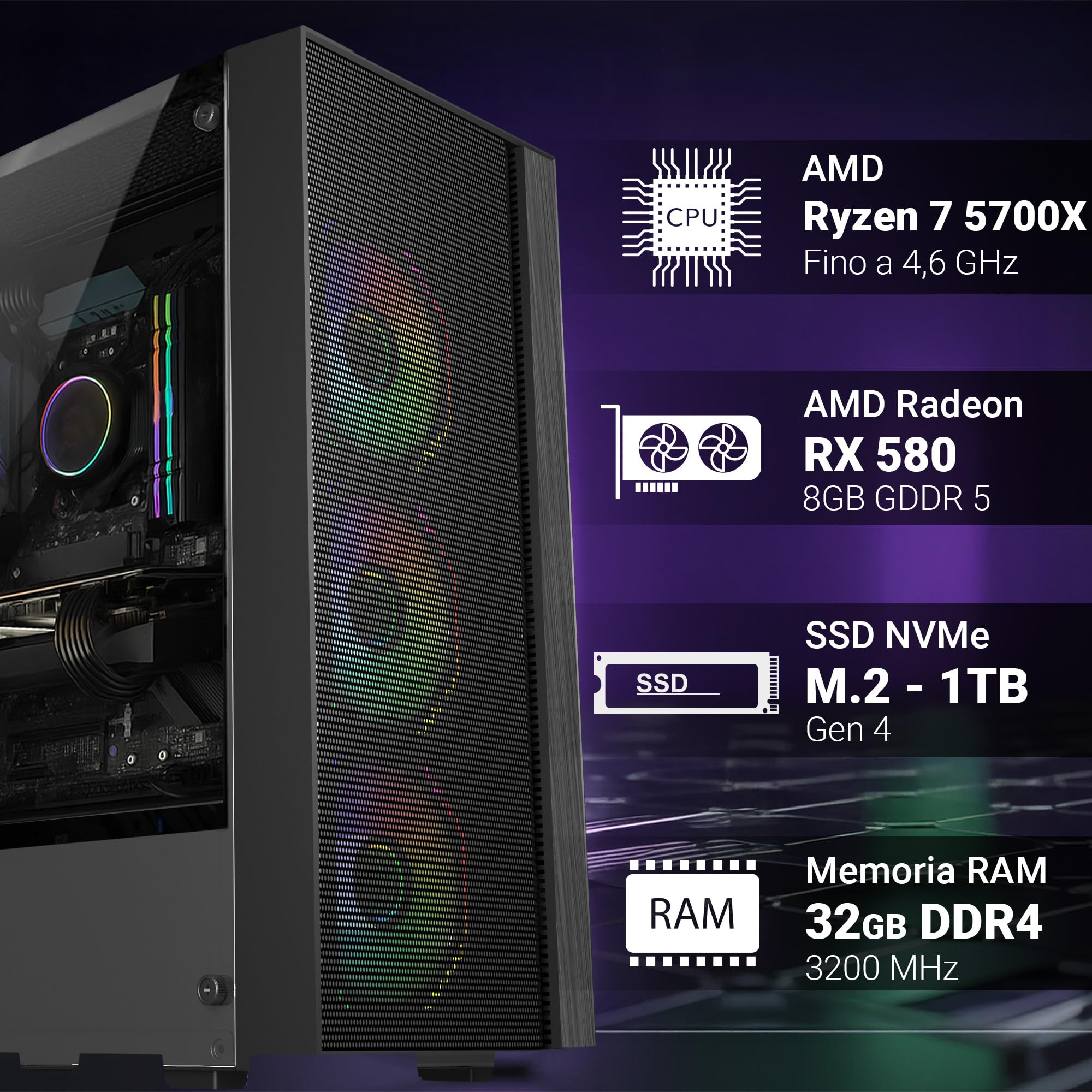 PC Gaming Fisso - Computer Gaming AMD Ryzen 7 5700X • Scheda Video RX 580 8GB • RAM 32GB DDR4 • SSD 1TB M.2 • Wi-Fi AC e Bluetooth • HDMI e DisplayPort • USB 3.2 • Windows 11 Pro
