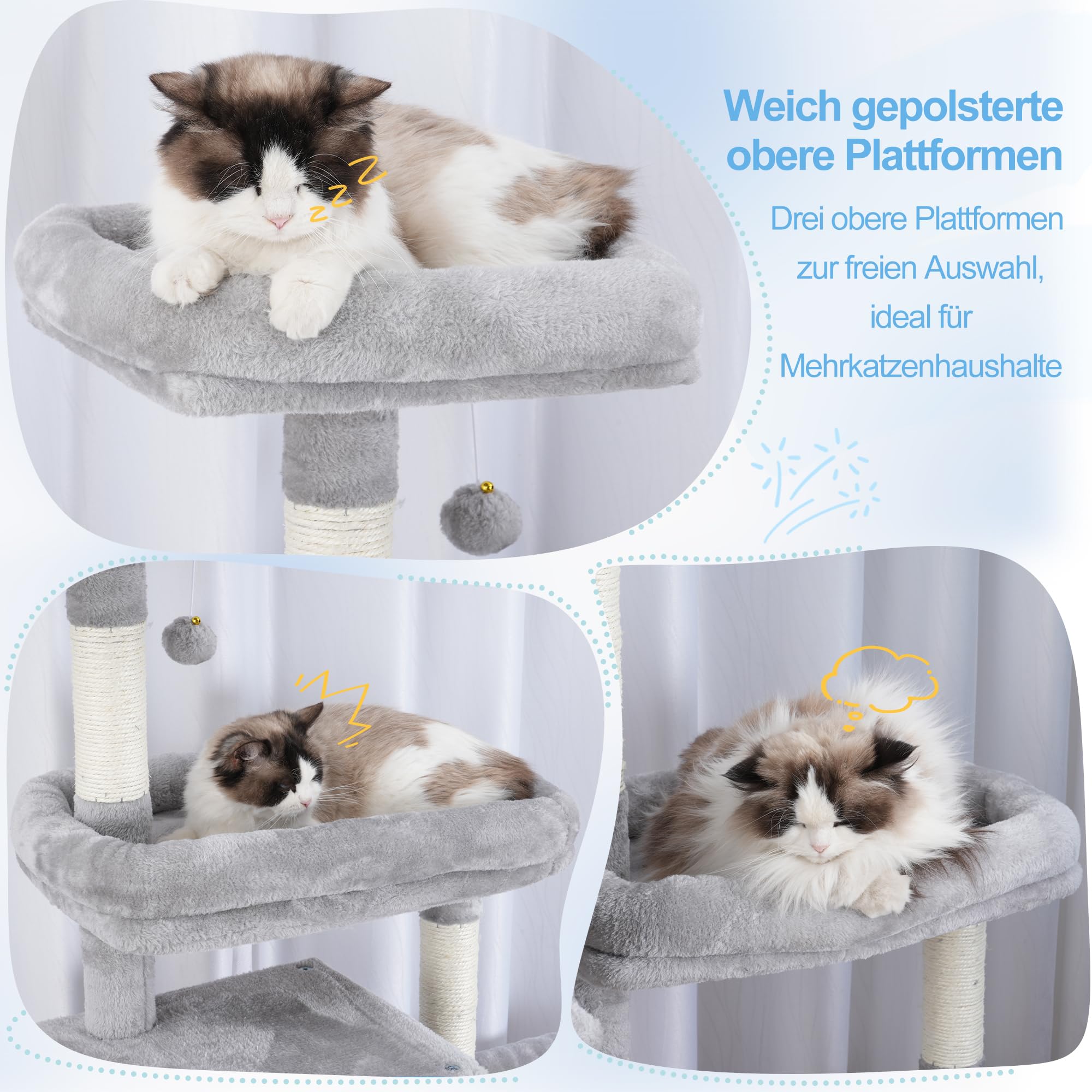 Hey-brother 180 cm XXL Kratzbaum, mit Erweiterung Platz, stabil, MPJ038W | Katzenbaum mit 3 gemütlichen Plattformen, 3 Grosse Höhle und 2 Korb, geeignet für Mehrkatzenhaushalte, Hellgrau