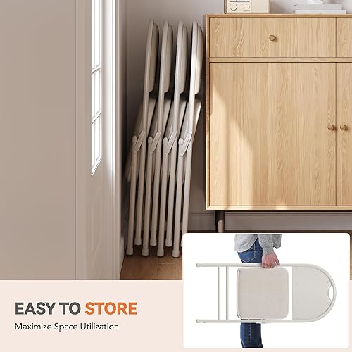 Miniatura 5 de Juego de 2 sillas plegables color beige, sillas plegables de metal con almohadillas antideslizantes para pies, sillas de fiesta de lino para