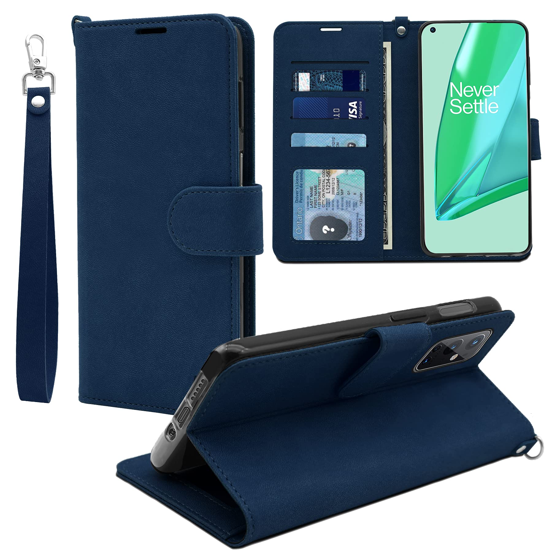 DOUBLE-Nfor OnePlus 9 Pro Case, Premium PU Leather OnePlus 9 Pro 5G Wallet Case, Flip Folio Shockproof Cover with Wrist Strap Card Holder Kickstand Case for OnePlus 9 Pro (Blue)