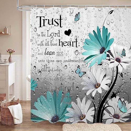 Cortina de ducha rústica de granja, diseño de margaritas florales color verde azulado, versículo bíblico con cita motivacional, cortinas de baño,
