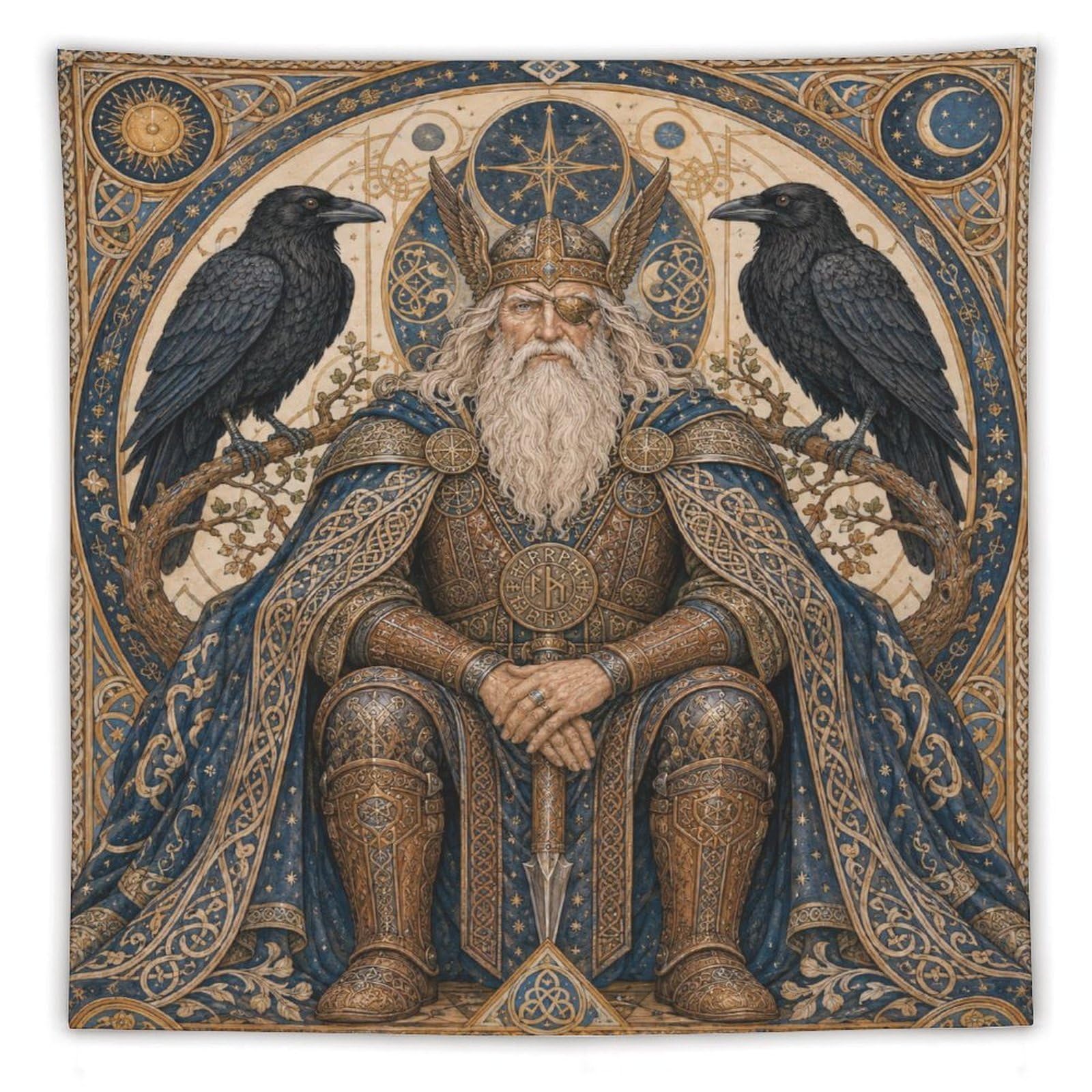 W7C8U2X3 Norse Odin with Ravens Wall Tapestry, Art Nouveau Style, Bed