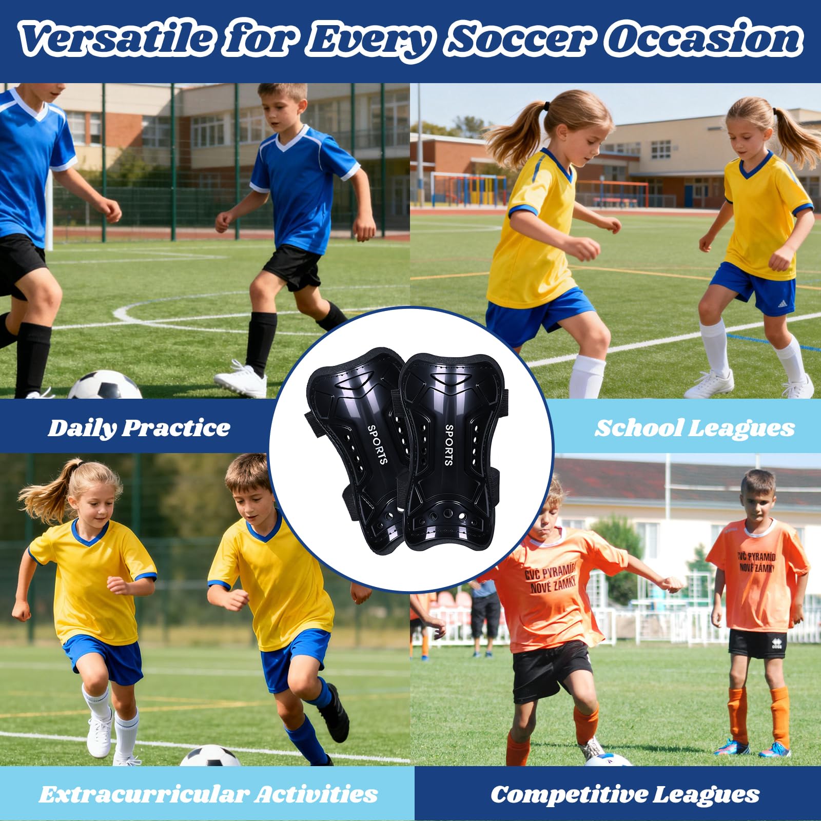 Espinilleras de fútbol para niños, 2 pares de equipo de fútbol juvenil con correas protectoras para niños y niñas, equipo de fútbol