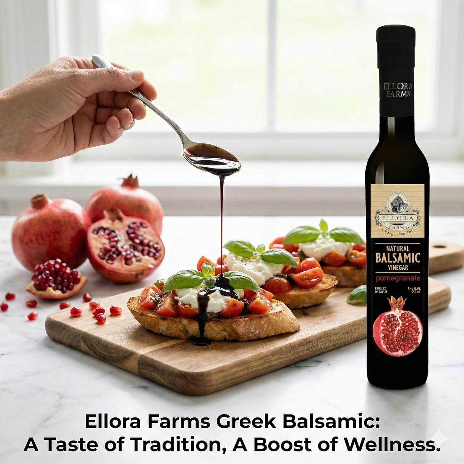 Ellora Farms, Combo Pack Fresh Pomegranate and Orange Infused Balsamic Vinegar Creme, All-Natural, No- Additives, No-Added Sugars, Italian Dark Glass Bottles, Pack of 2