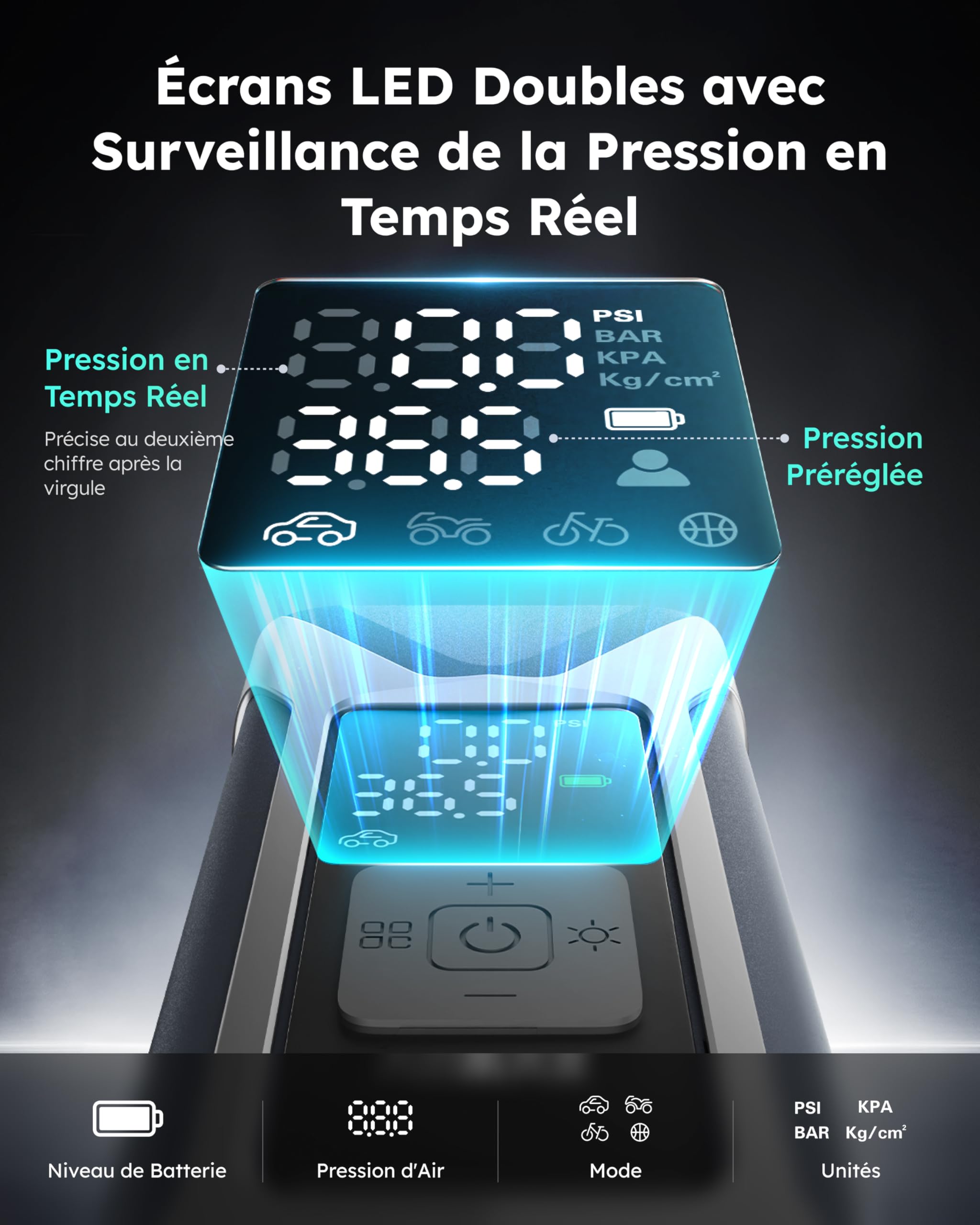 ASMAX Compresseur à Air Portatif 7500mAh, 11 BAR/160 PSI Gonfleur Pneus Voiture, 4 Unités BAR, PSI, kPa, KG/CM, pour Voiture, Moto, Vélo, Ballon, Lampe d'urgence & Batterie Externe Mobile - T10