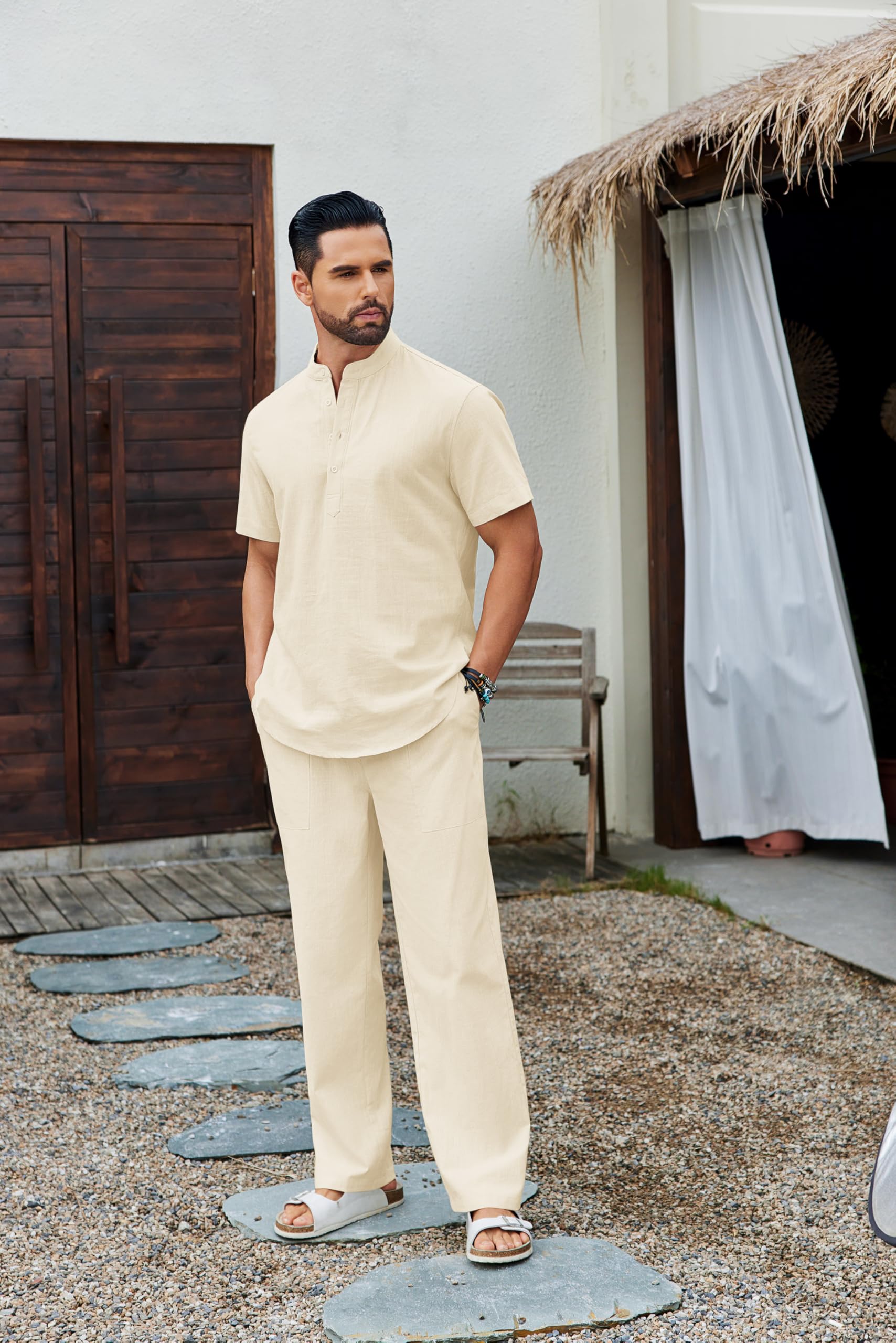 COOFANDY 2-teiliges Herren-Set, Baumwolle, lässig, kurzärmelig, Henley-Shirts und Strandhosen mit Taschen, Sommerurlaub-Outfits