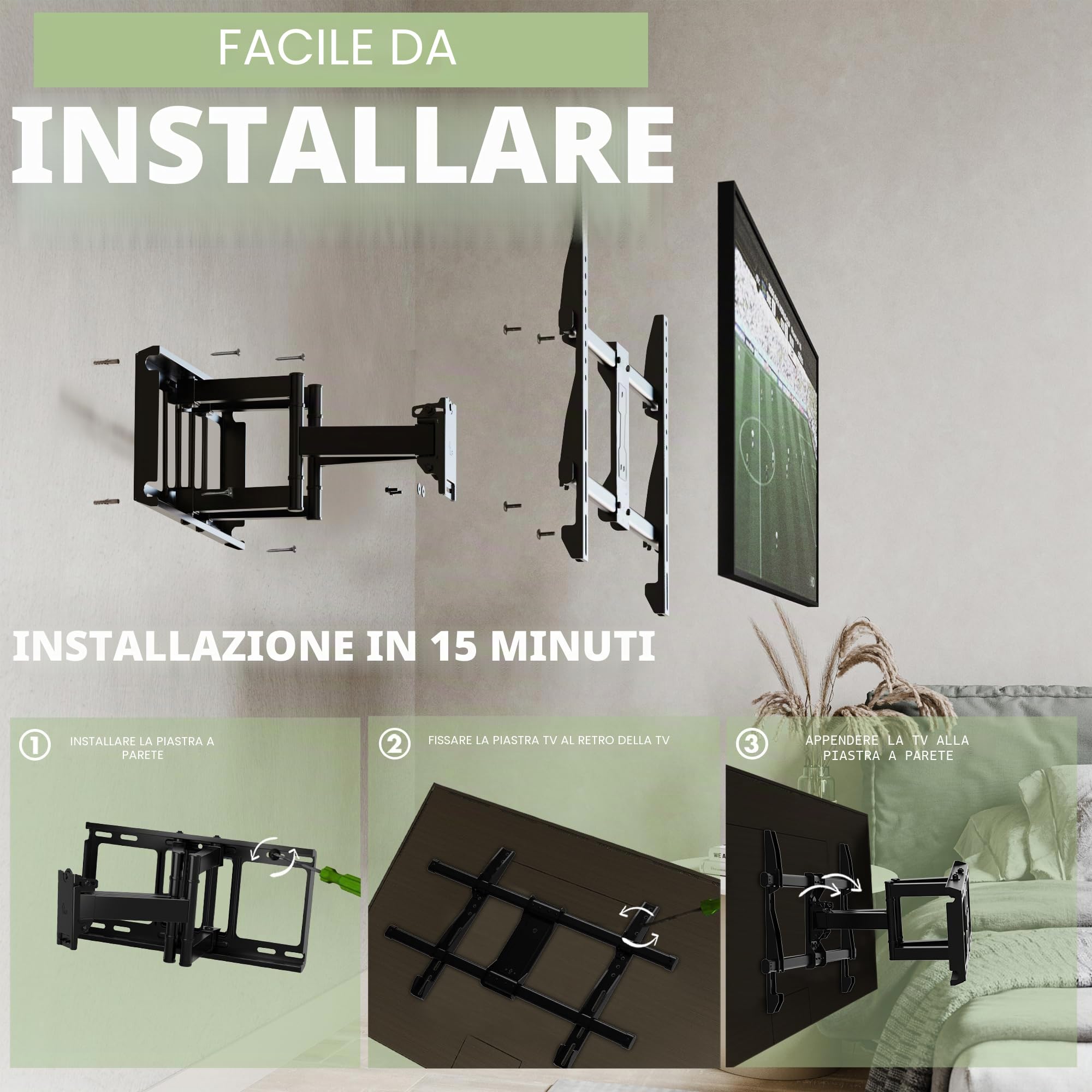 Supporto TV Parete - per 32-85 pollici TV LED LCD, 4K HDR Schermi - Inclinazione e Girevole Ultra Sottili - Max VESA 600x400mm - Capacità Massima di Peso 60 kg