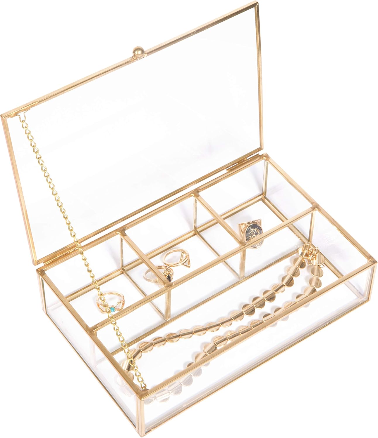 Vintage 4 Compartment Glass Keepsake Box in Gold