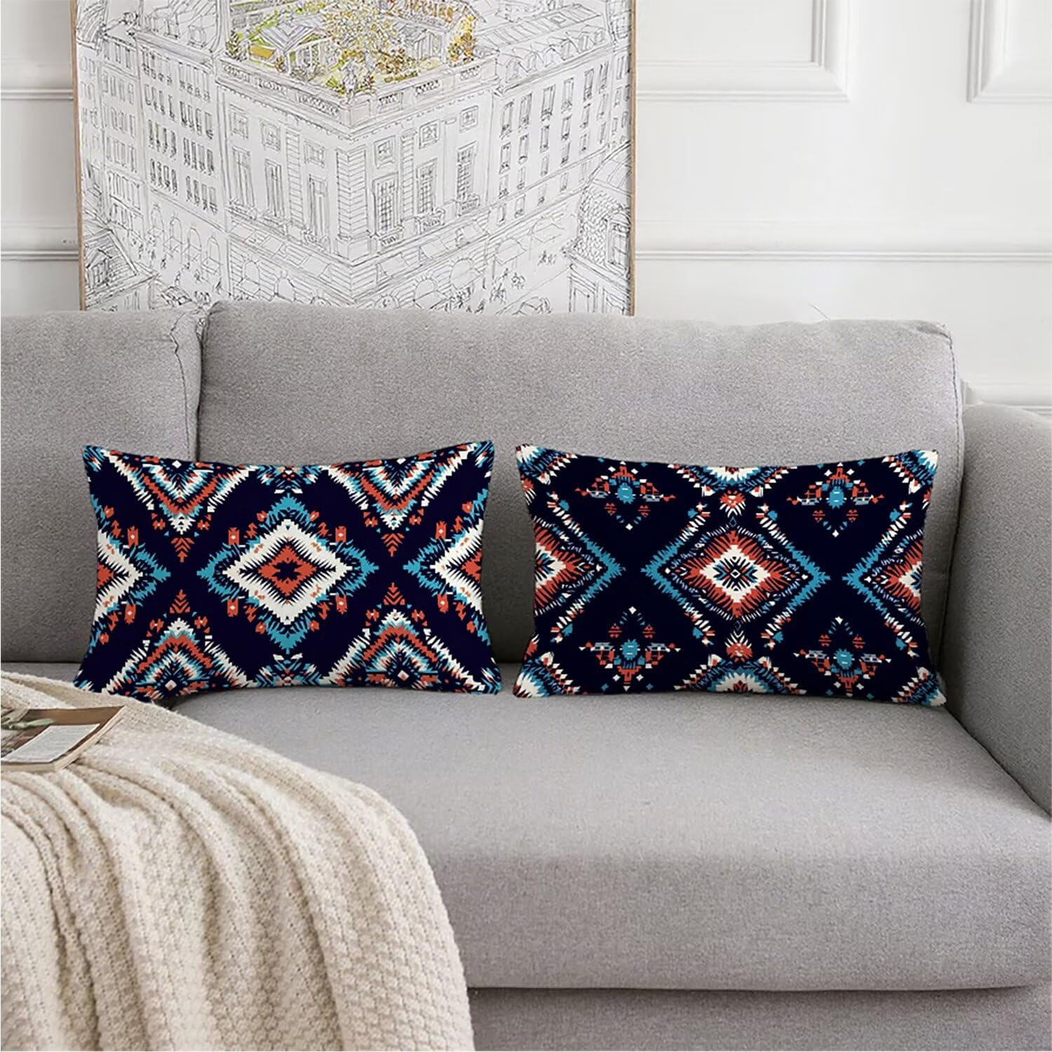 Bohême Taies d'oreiller 70x90 Housse Coussin Velours Lot de 2, Taie Oreiller Bleu Marine, Douce Respirante Housse de Coussin Canapé Impermeable pour Salon Jardin avec Fermeture Éclair Invisible K2-451