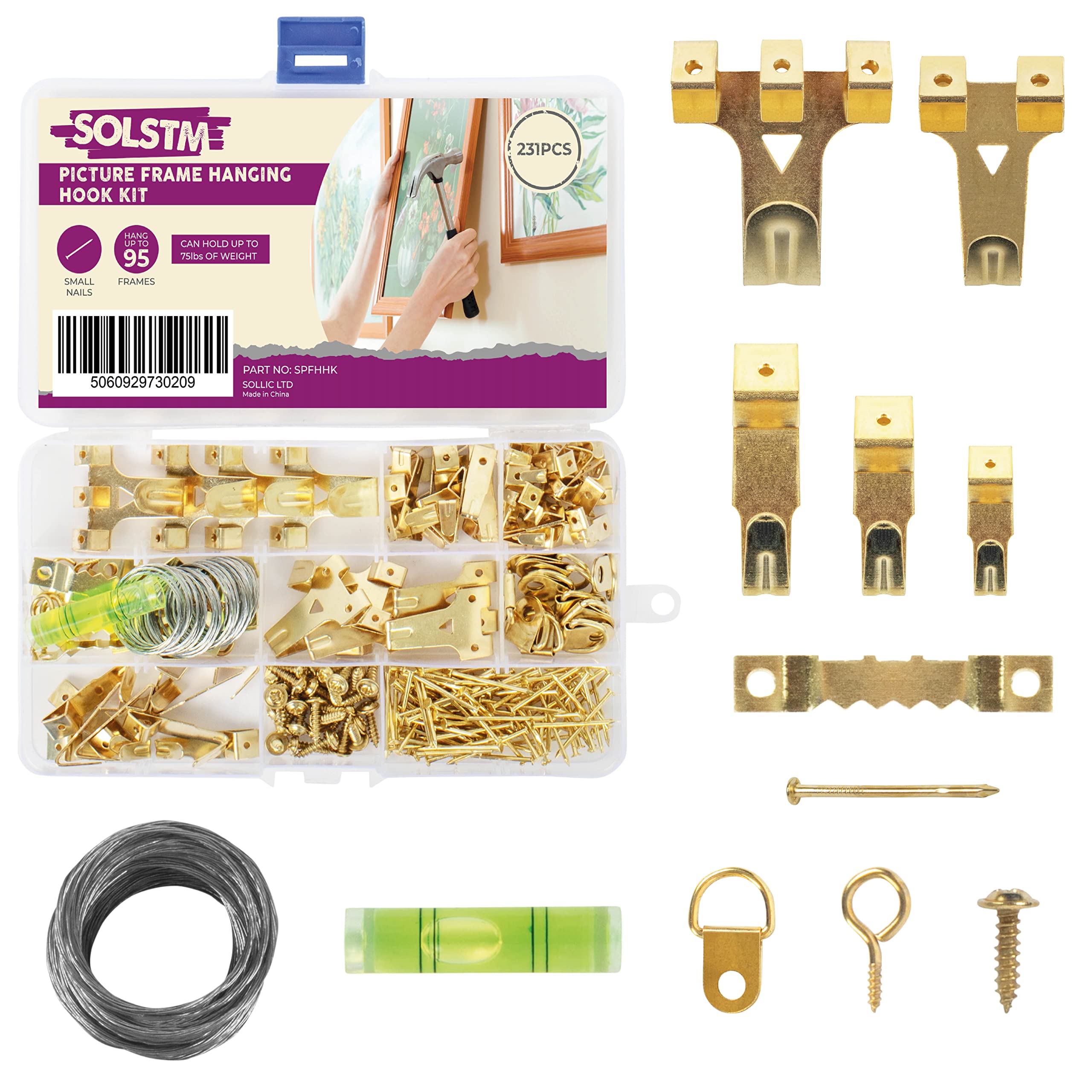 SOLSTM Picture Hanging Kit 231PCS - Heavy Duty Picture Hanging Hooks, Mini Spirit Level, Picture Nails, Picture Hanging Wire, Sawtooth Picture Hangers, D-Rings & More for Mirrors & Picture Frames