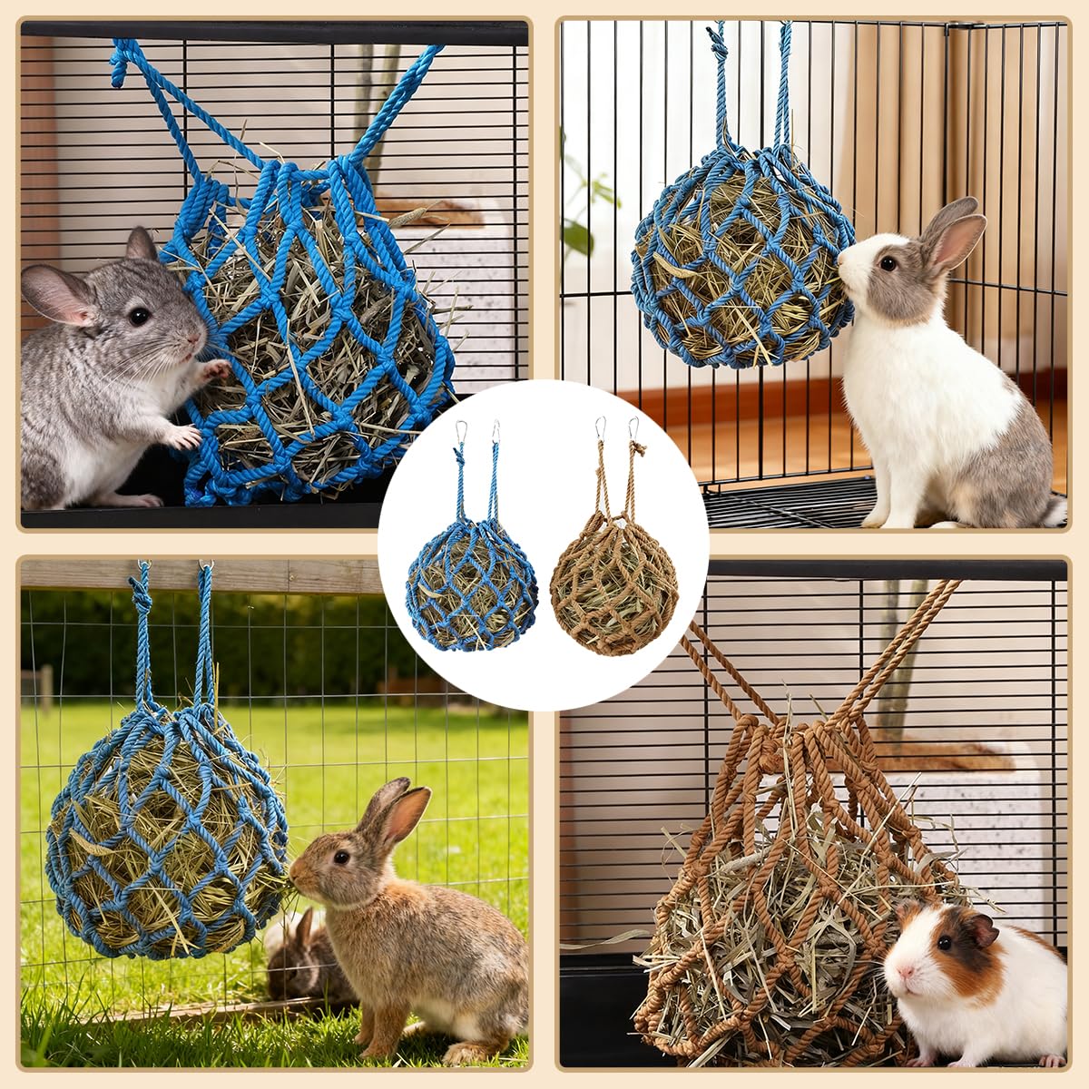 2 Pcs Rabbit Hay Feeder Mesh Bags, 2 Metal Hooks Hanging Hay Mesh Bags, Guinea Pig Hay Bags, High-Capacity Bunny Hay Bag for Rabbits, Chinchillas, Hamsters, Small Pets and Animals - image 6