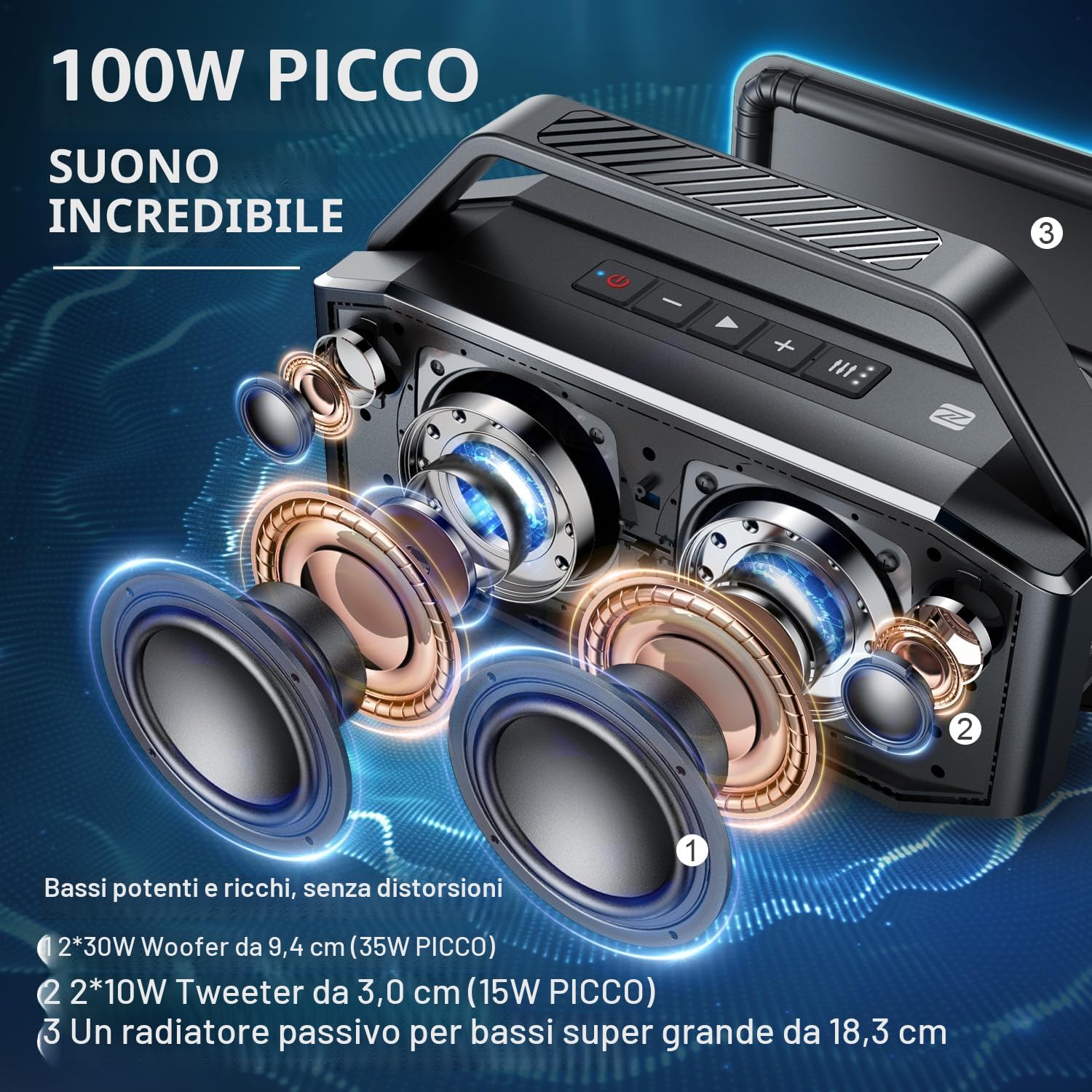 W-KING Altoparlante Casse Bluetooth Potente e portatili IPX6 da 100W PEAK | 60W Wireless Imperm. Cassa Robust. e Gallegg. Cantiere e all'aperto Portatile, 108dB Bassi Profondi, 40H, Compat. TF AUX, EQ