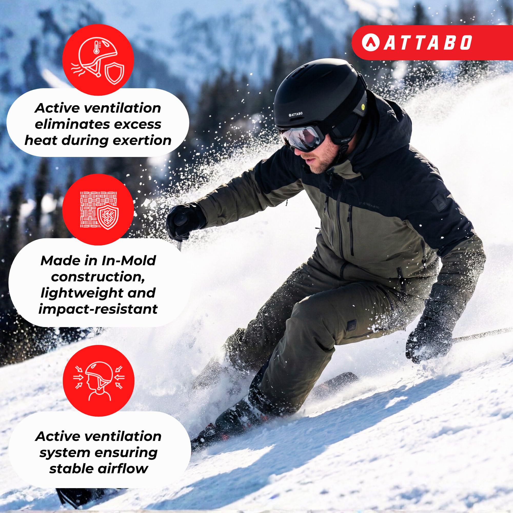 ATTABO Avens 2.0 kask narciarski – bezpieczna ochrona All-Mountain – lekka konstrukcja In-Mold i aktywna wentylacja – unisex dla kobiet i mężczyzn – w zestawie torba do przechowywania – regulowane