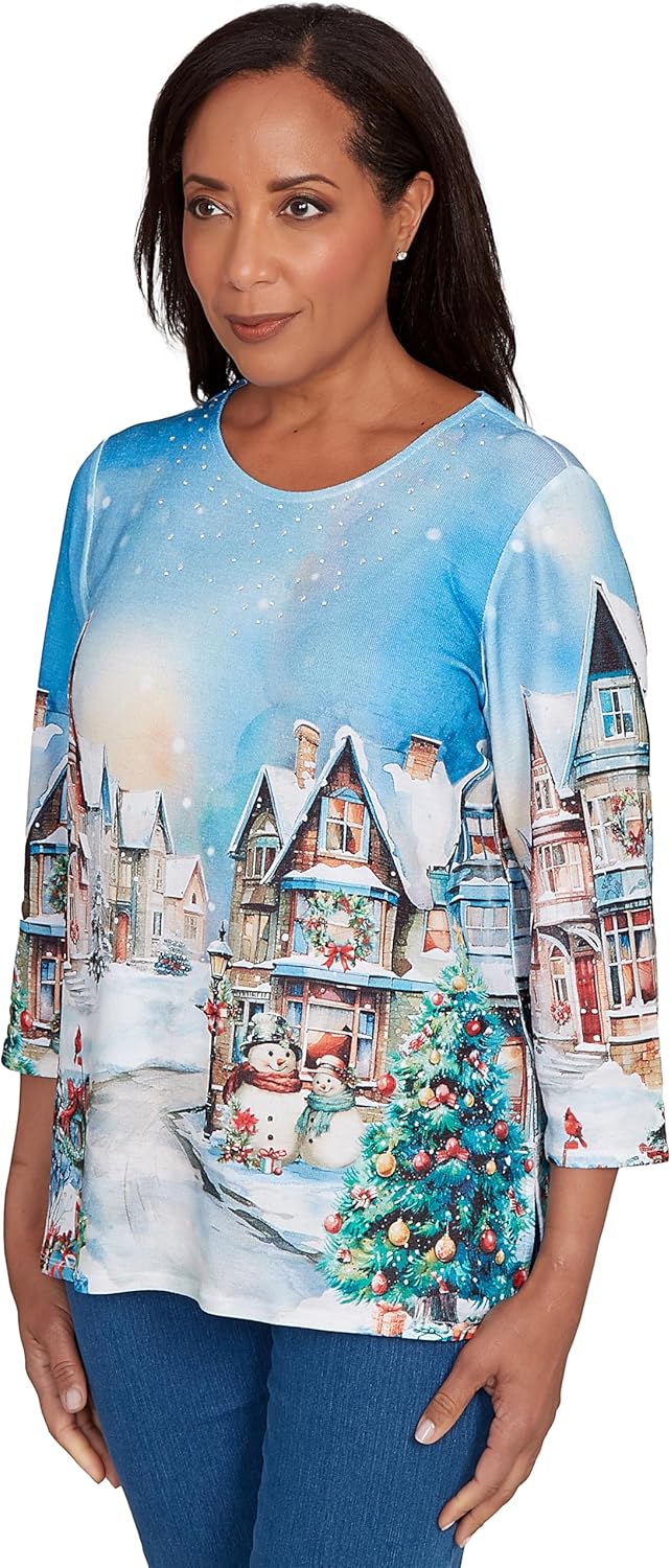 Alfred Dunner Women's Embellished Snow Cabin Village Scene Top