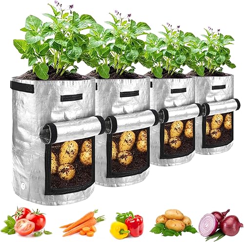Miniatura 10 de JJGoo Bolsas de cultivo de papas, paquete de 4 bolsas de cultivo de 10 galones con solapa y asas, maceta para patata, tomate y verduras, color verde