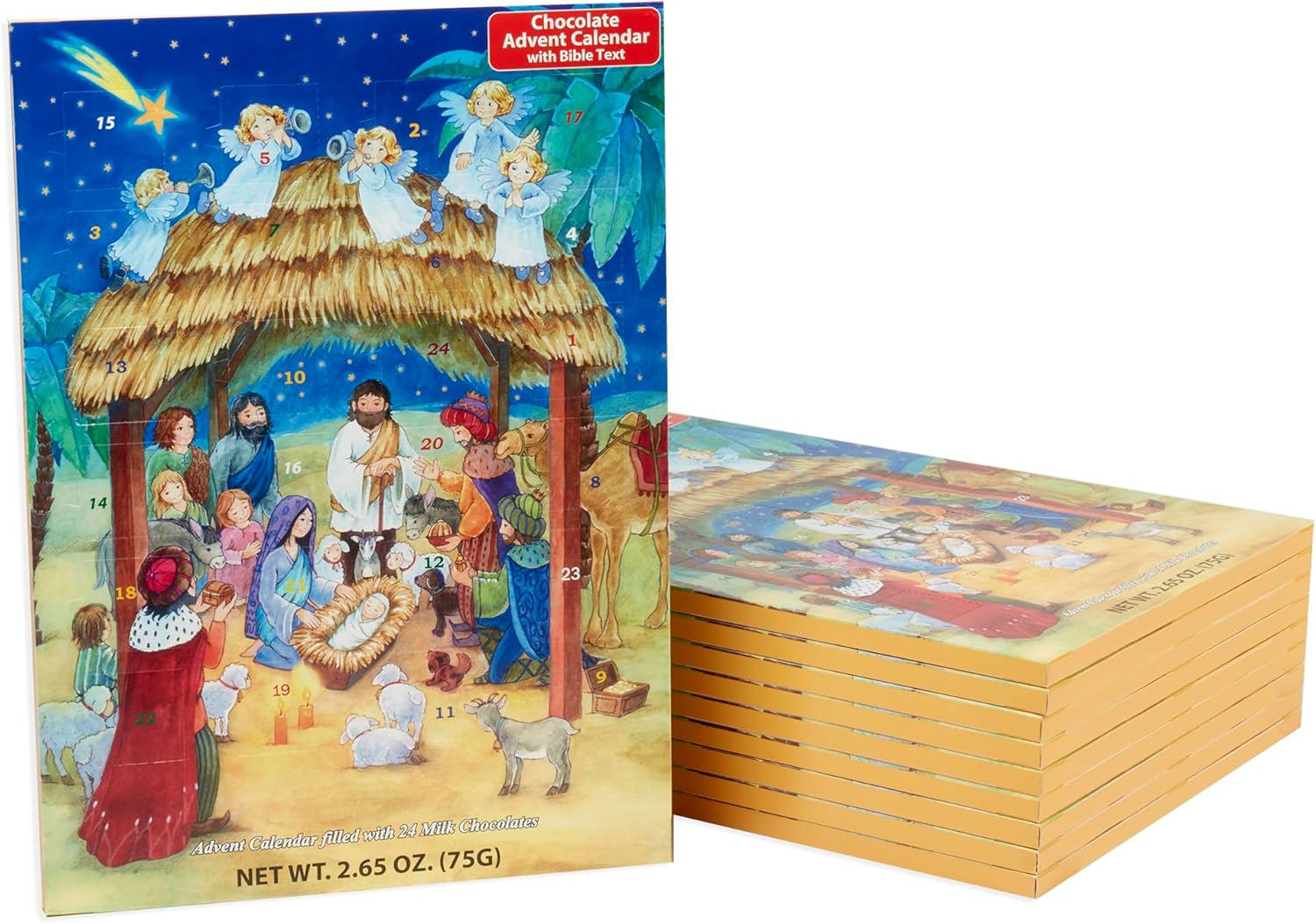 Nativity Scene Chocolate Advent Calendars (10 Pack) by Vermont Christmas Company - 24 Milk Chocolates & Nativity Story