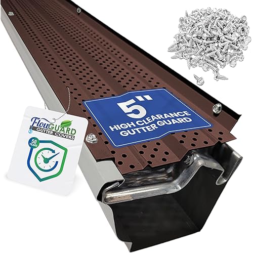FlowGuard USA Made Professional DIY 5 Inch High Clearance 50-Year Gutter Cover System - Brown - Aluminum Gutter Guards - 204 Feet - by FlexxPoint