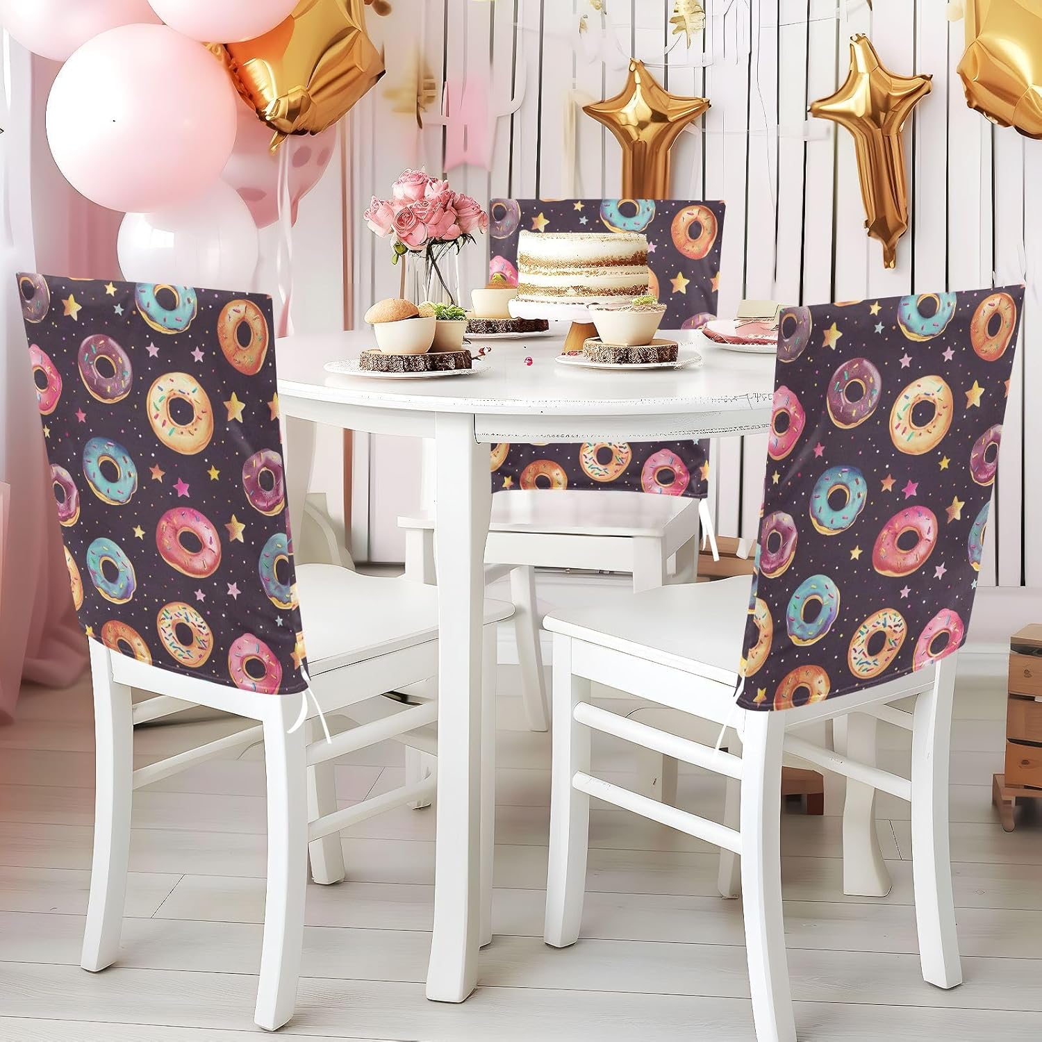 ALAZA Donuts Stars Chair Back Cover Set of 6, Washable Reusable Removable Chair Slipcovers Decorative Chair Cover for Home Kitchen Wedding Party