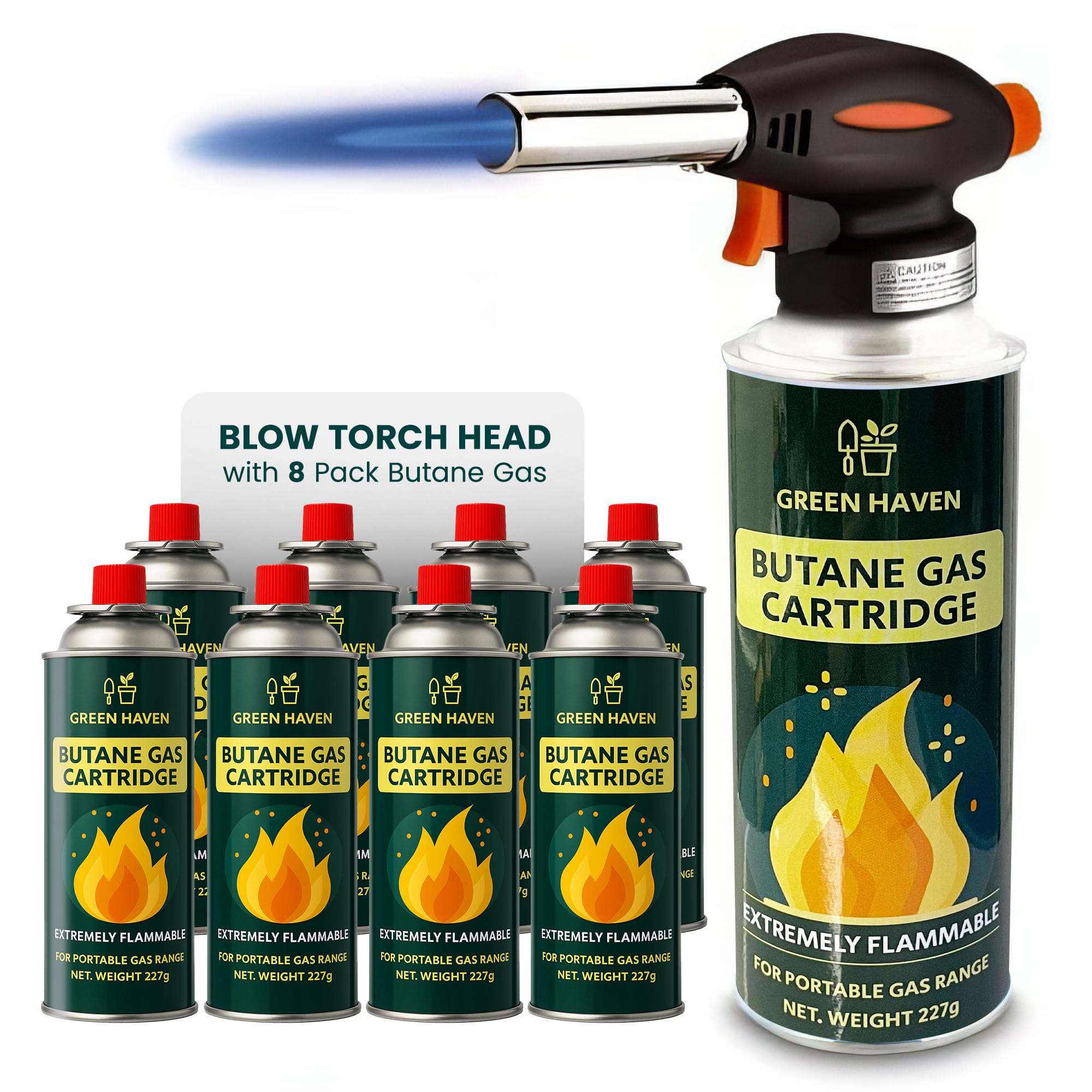 Green Haven Blow Torch for Cooking Attachment Head with 8 Gas - One-Handed Gas Torch with Adjustable Flame & Safety Lock, Fits All Butane Tanks, Ideal for Creme Brulee, Desserts, BBQ, Baking