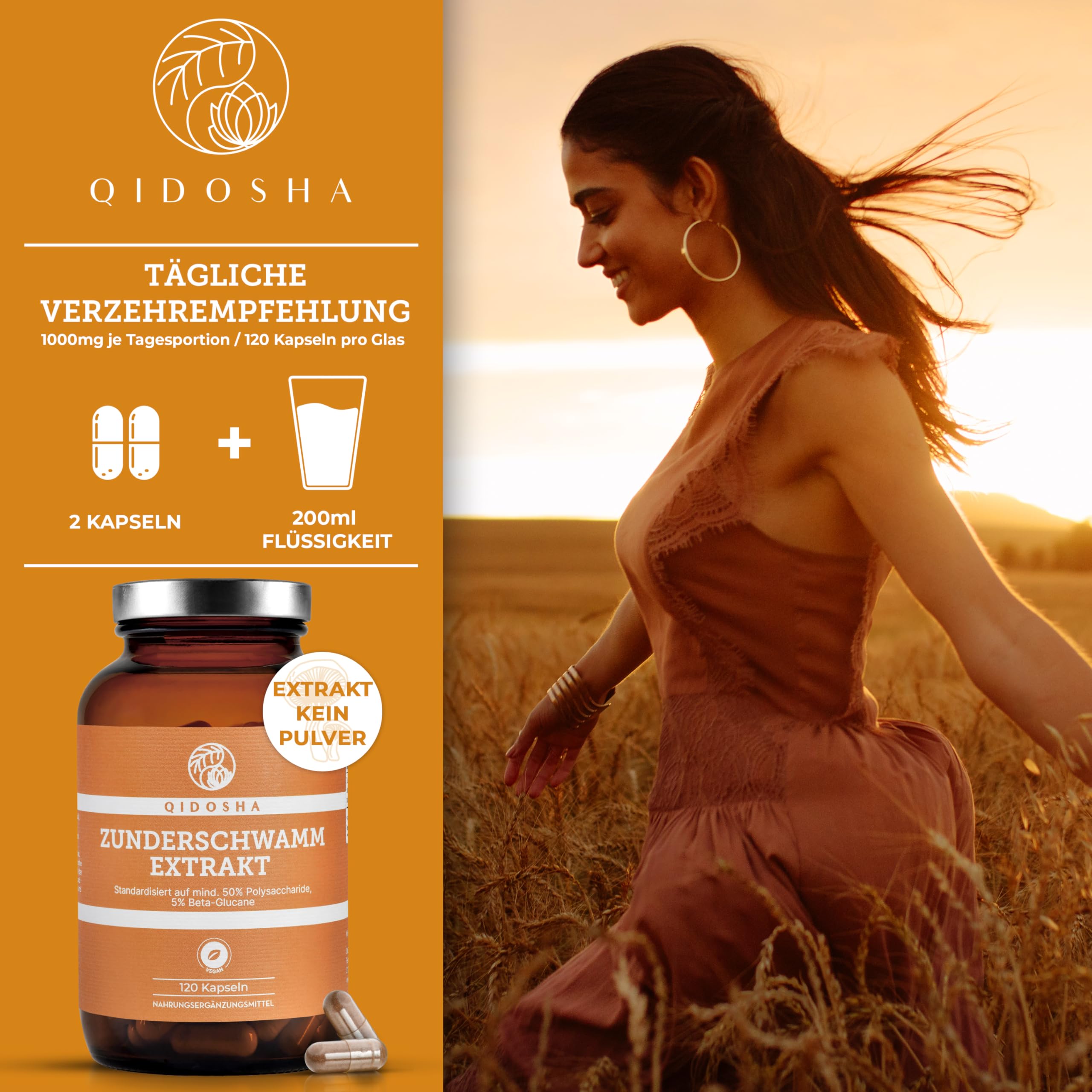 QIDOSHA® Zunderschwamm Extrakt Kapseln, 120 Stk im Apothekerglas, hochreiner Fomes fomentarius Extrakt mit 500mg je Kapsel, davon 50% Pilz-Polysaccharide mit mindestens 5% Beta-Glucanen, dt Fertigung