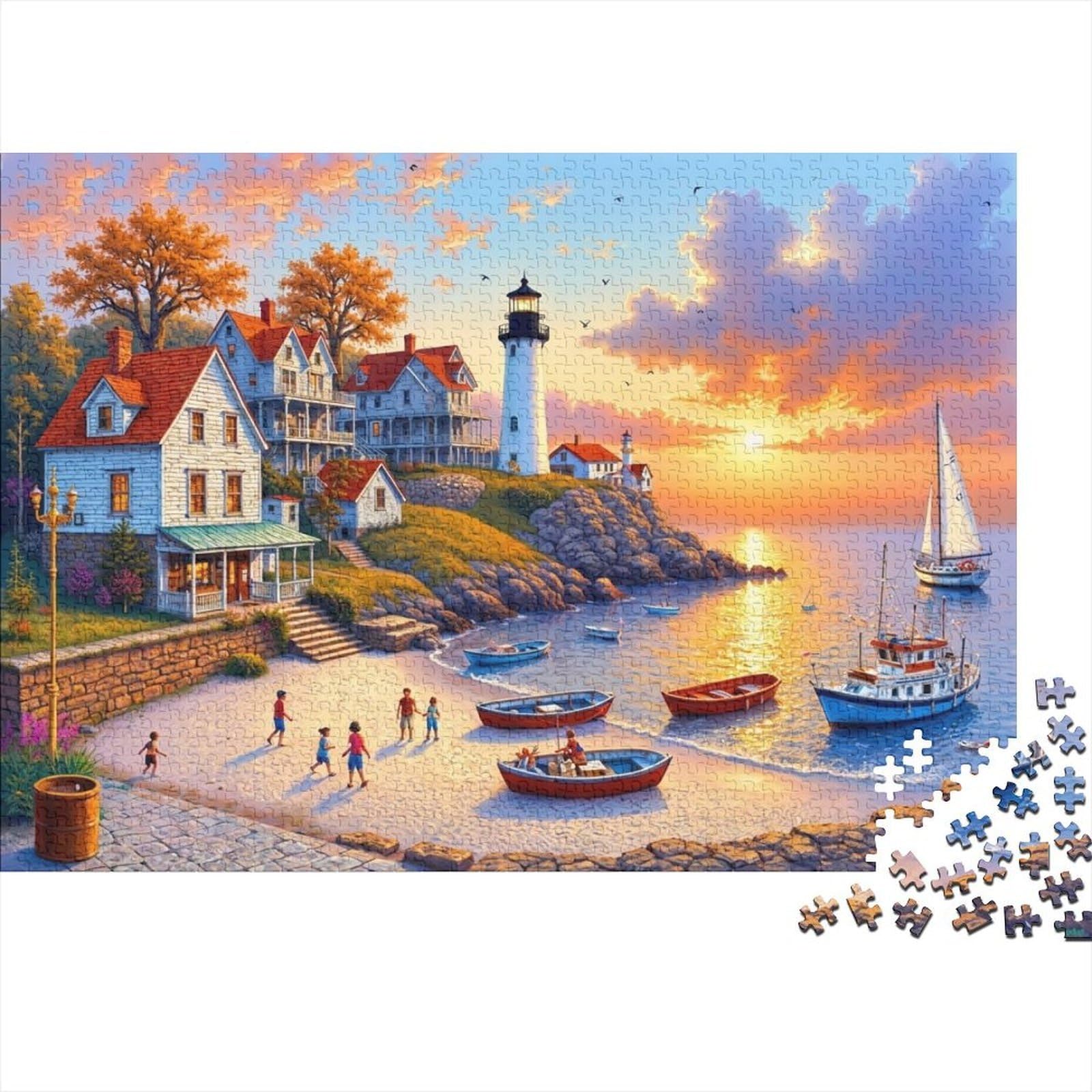 Coastal Lighthouse Scene Decompression Premium Paper Puzzle Jigsaw Colourful Detailed Sunset Beach Town 38x26cm/1000pcs