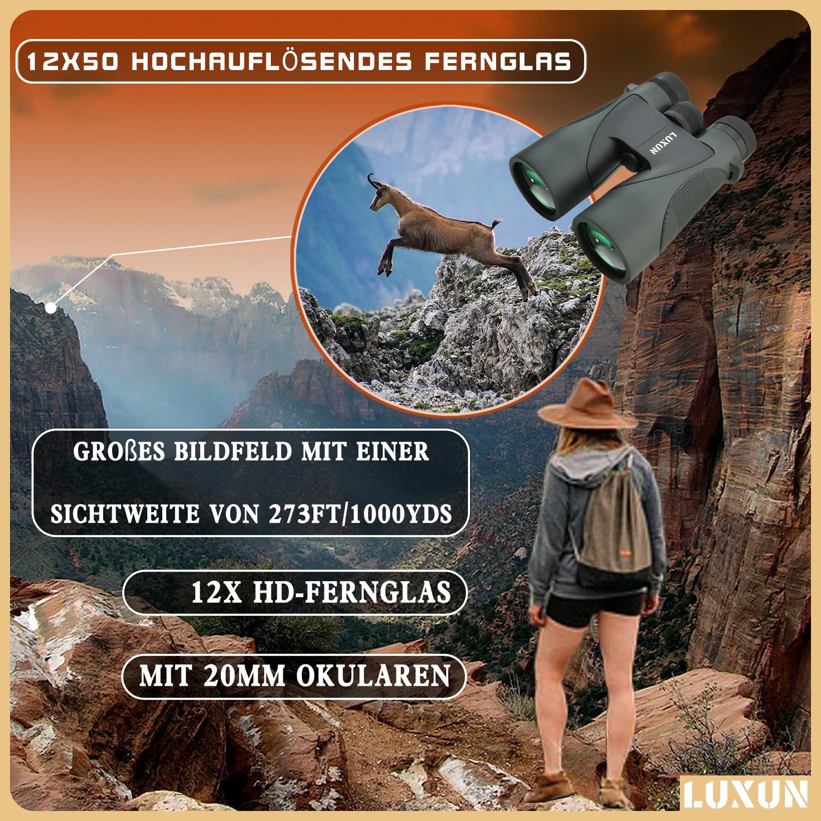 LUXUN 12x50 HD Fernglas für Erwachsene, Fernglas mit Smartphone Adapter Tragetasche, 20mm großes Okular Jagdfernglas mit FMC Beschichtung & Premium BAK4 Prismenobjektiv