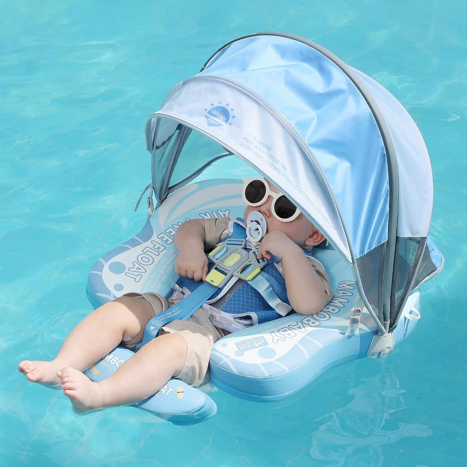 Mambobaby Baby Float with Canopy & Add Tail – Non-Inflatable Swim Trainer for Infant Waist, Upgraded Adjustable Safety Strap, Portable Pool Floats Toy for Toddler (Blue Butterfly) thumbnail