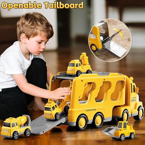 Miniatura 2 de Camiones de construcción de juguetes para niños de 2, 3, 4, 5 años, vehículo de transporte 5 en 1 para niños pequeños de 2 a 4 años con grúa,
