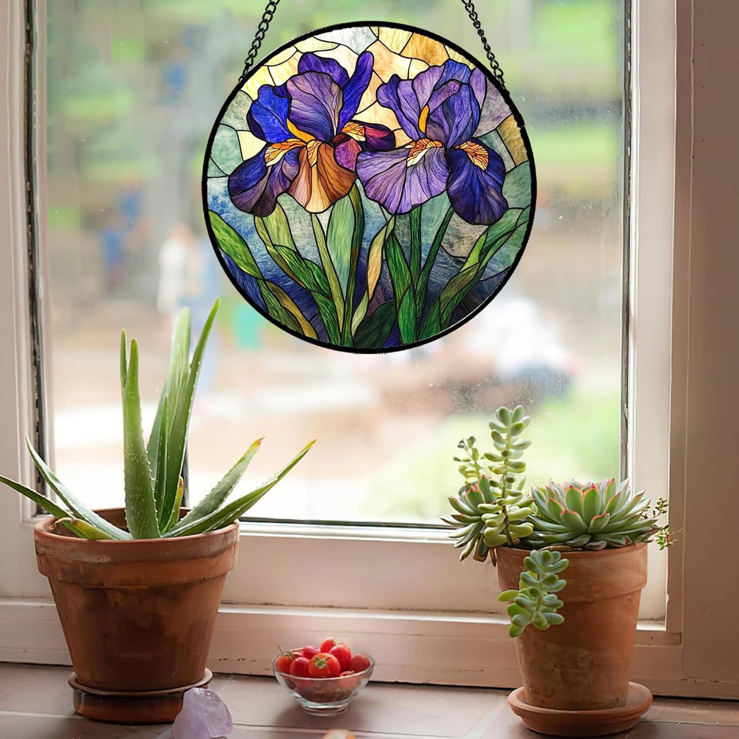Stained Glass Window Hanging - Purple Iris Birth Flower Suncatcher for Doors Garden Yard Sun Catchers Decor Christmas Mother's Day Birthday Plant Gifts for Teacher Women Mom Nana 9.8 in