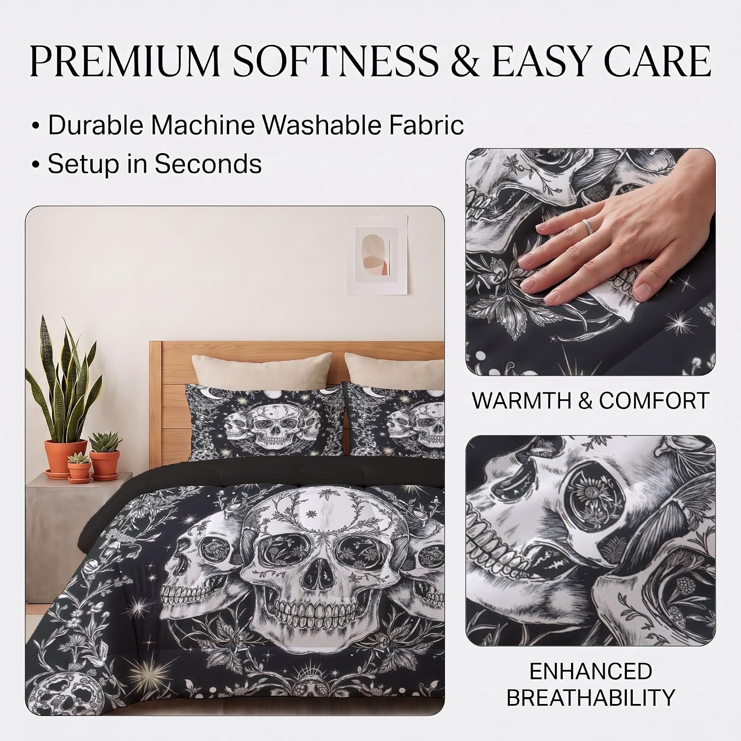 Gothic Style Quilt Queen Size Black and White Quilt Bedding Set | 3 Pieces Soft Lightweight Microfiber Star and Moon Skull Bedspread Coverlet Set for All Season, 90"X90"