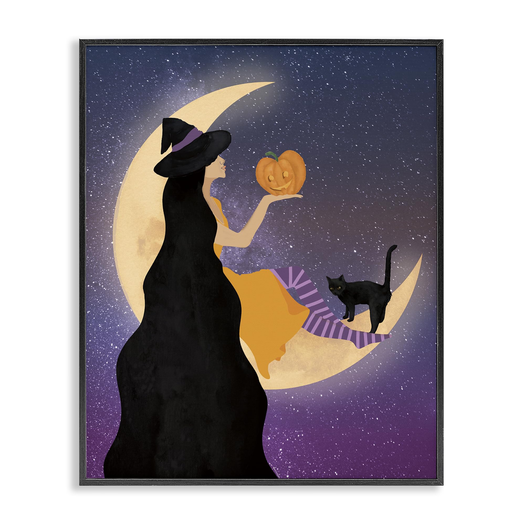 Stupell Industries 'Moonlit Witch Holding Jack-o-Lantern', Framed Giclee Art, Black, 11 x 14 Inches, Easy to Hang and Sturdy, Made in USA, by Daniela Santiago